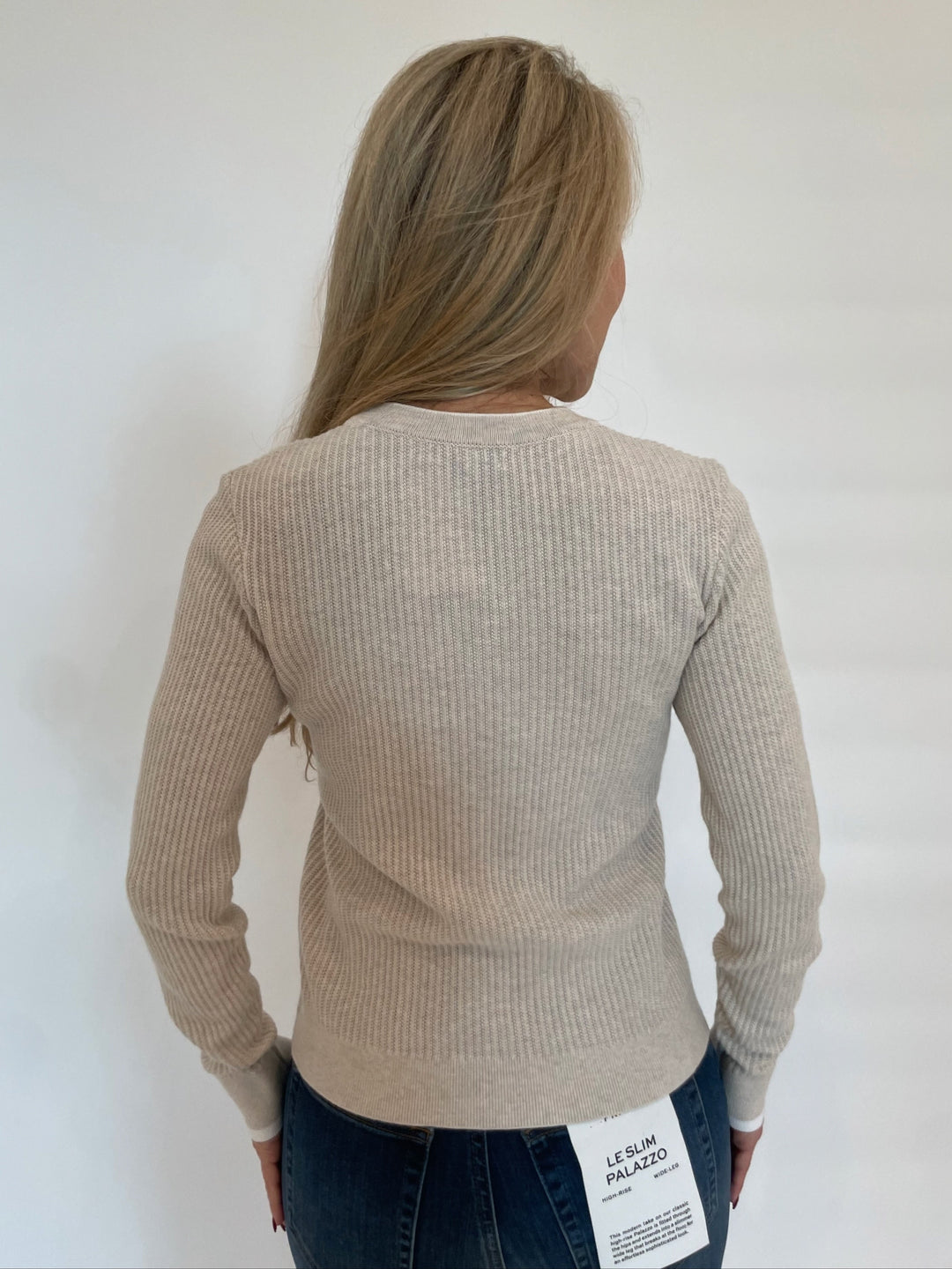 Kinross Ivonne Tipped Button Rib Crew Sweater in Champagne/White available at Barbara Katz