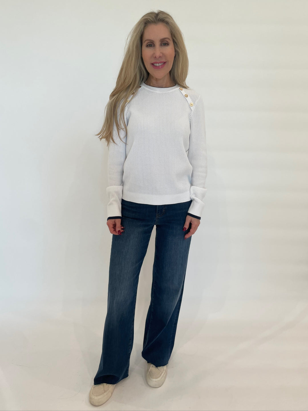 Kinross Tipped Button Rib Crew Sweater in White/Navy paired with Frame Denim Le Slim Palazzo Jeans in Lupine available at Barbara Katz