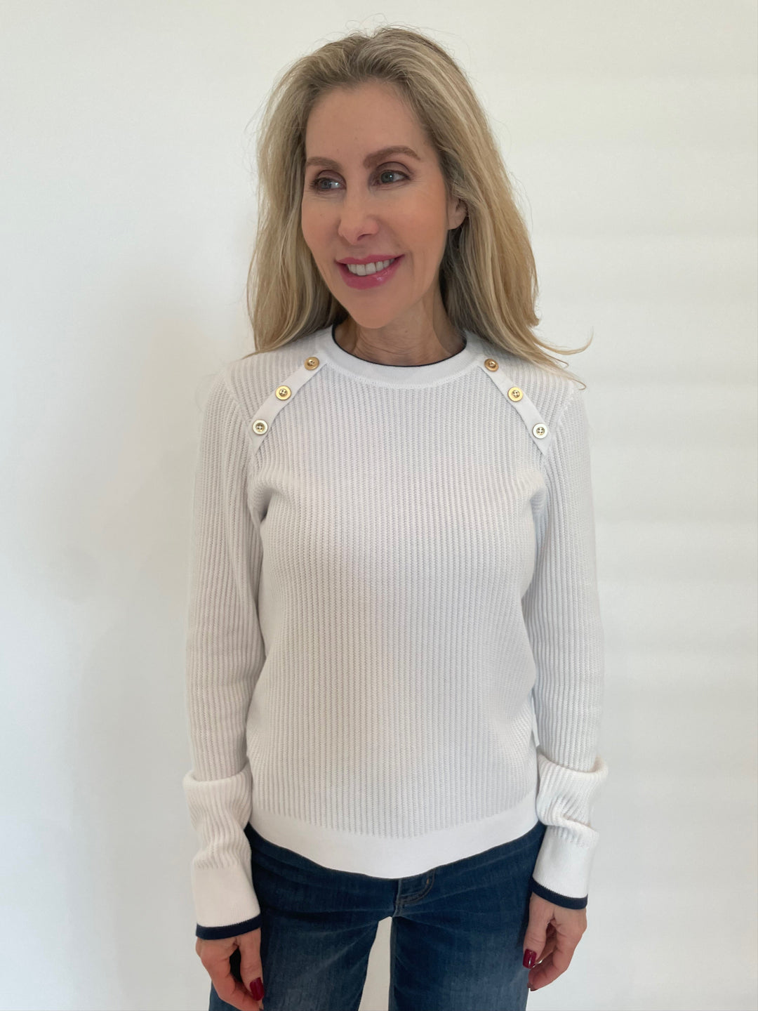 Kinross Tipped Button Rib Crew Sweater in White/Navy available at Barbara Katz