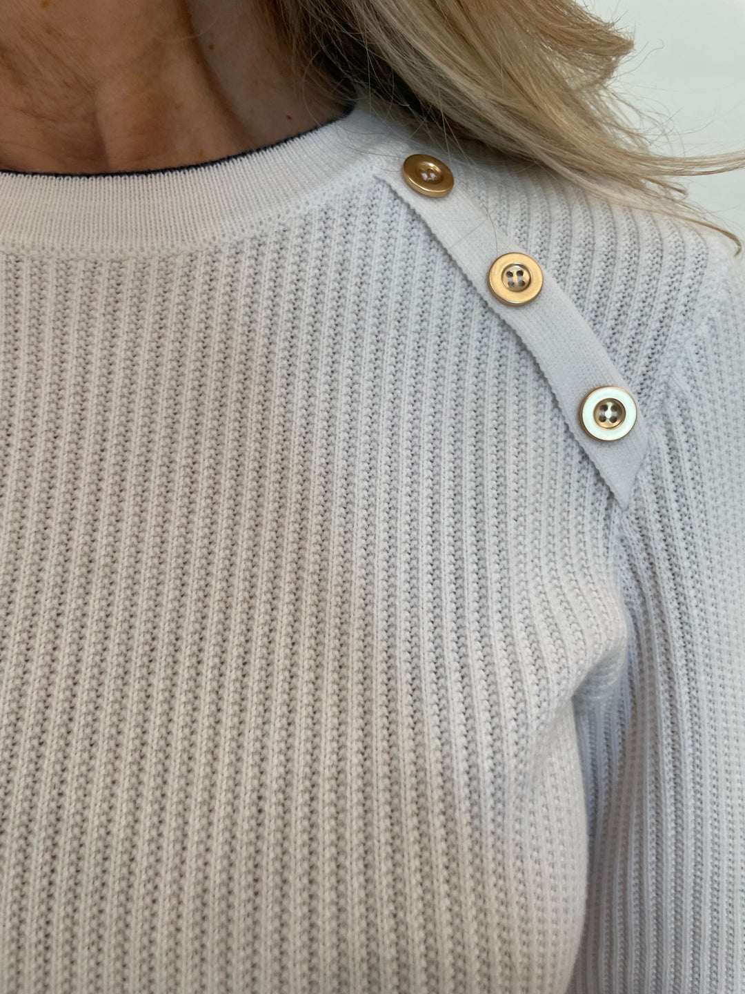 Kinross Ivonne Tipped Button Rib Crew Sweater in White/Navy available at Barbara Katz