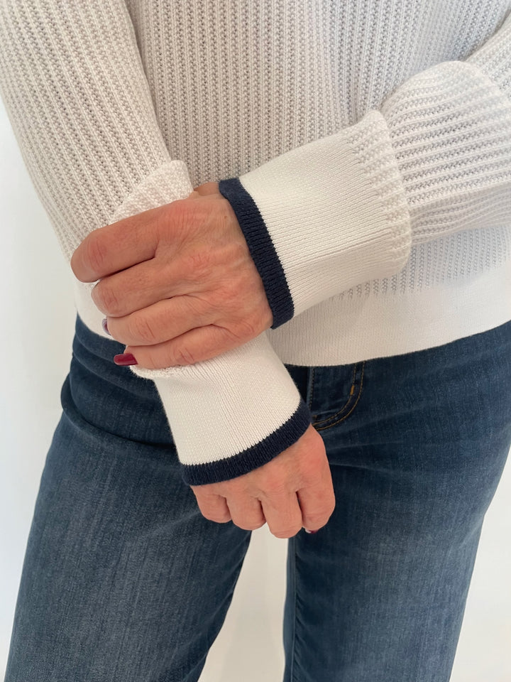 Kinross Ivonne Tipped Button Rib Crew Sweater in White/Navy available at Barbara Katz