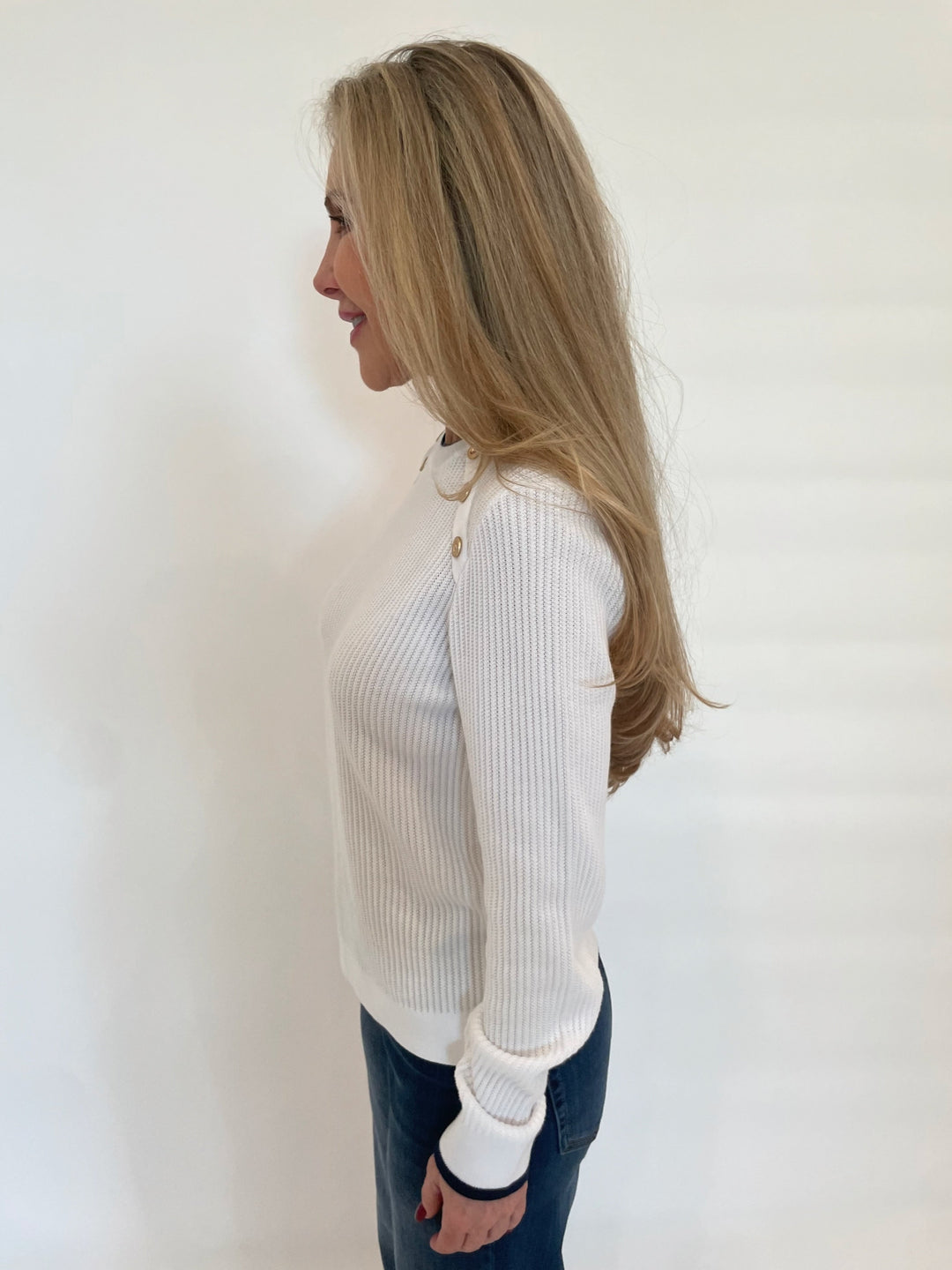 Kinross Ivonne Tipped Button Rib Long Sleeve Sweater in White/Navy available at Barbara Katz