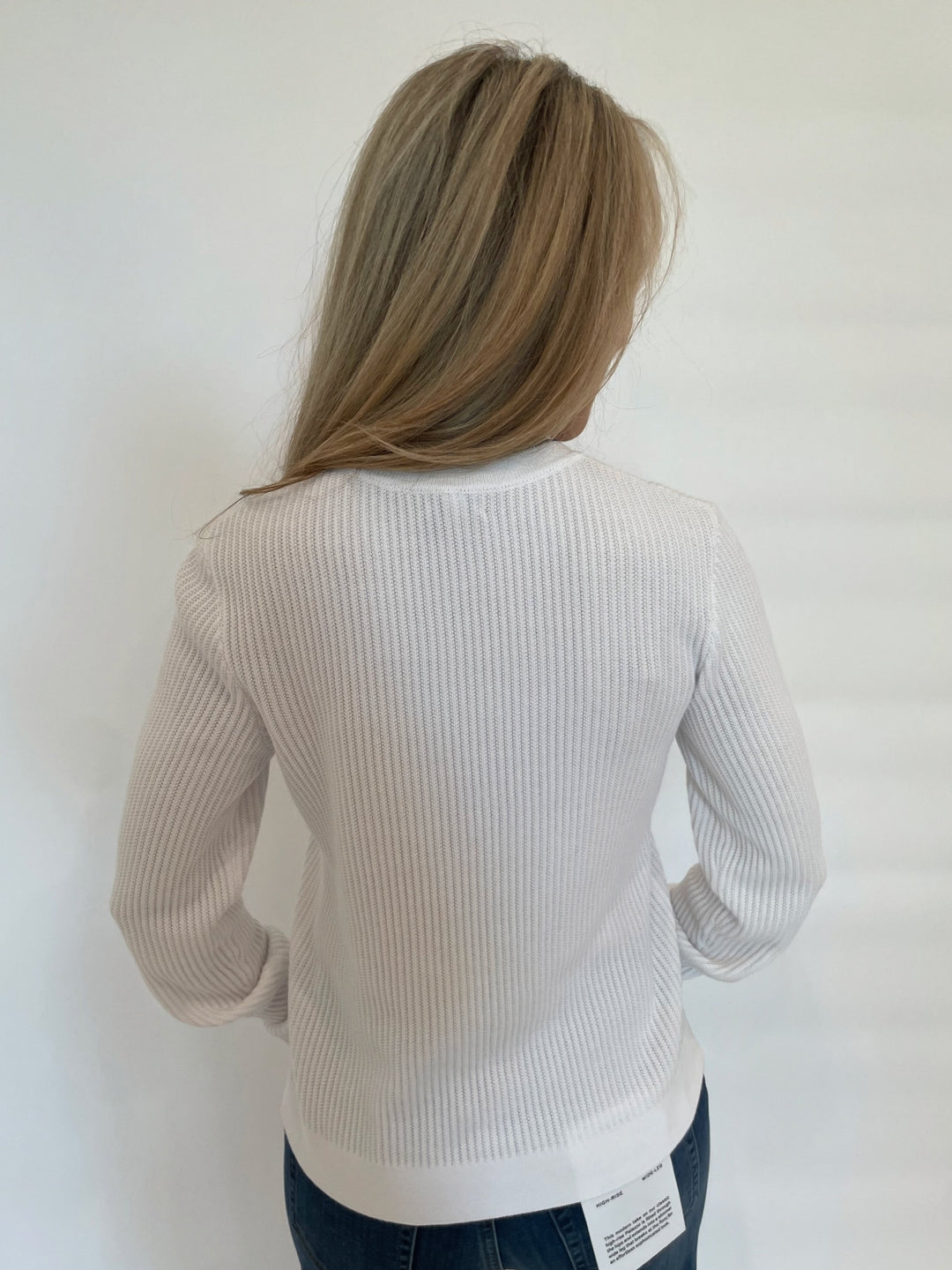 Kinross Ivonne Tipped Button Rib Crew Sweater in White/Navy available at Barbara Katz