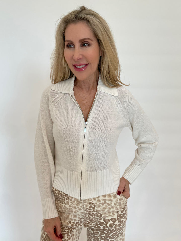 Kinross Elan Crop Zip Cardigan in White available at Barbara Katz