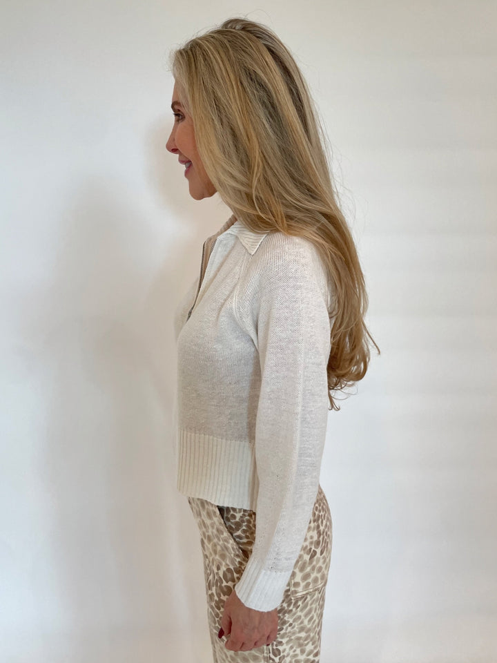 Kinross Elan Crop Zip Long Sleeve Cardigan in White available at Barbara Katz