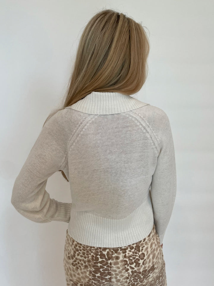 Kinross Crop Zip Long Sleeve Cardigan in White available at Barbara Katz