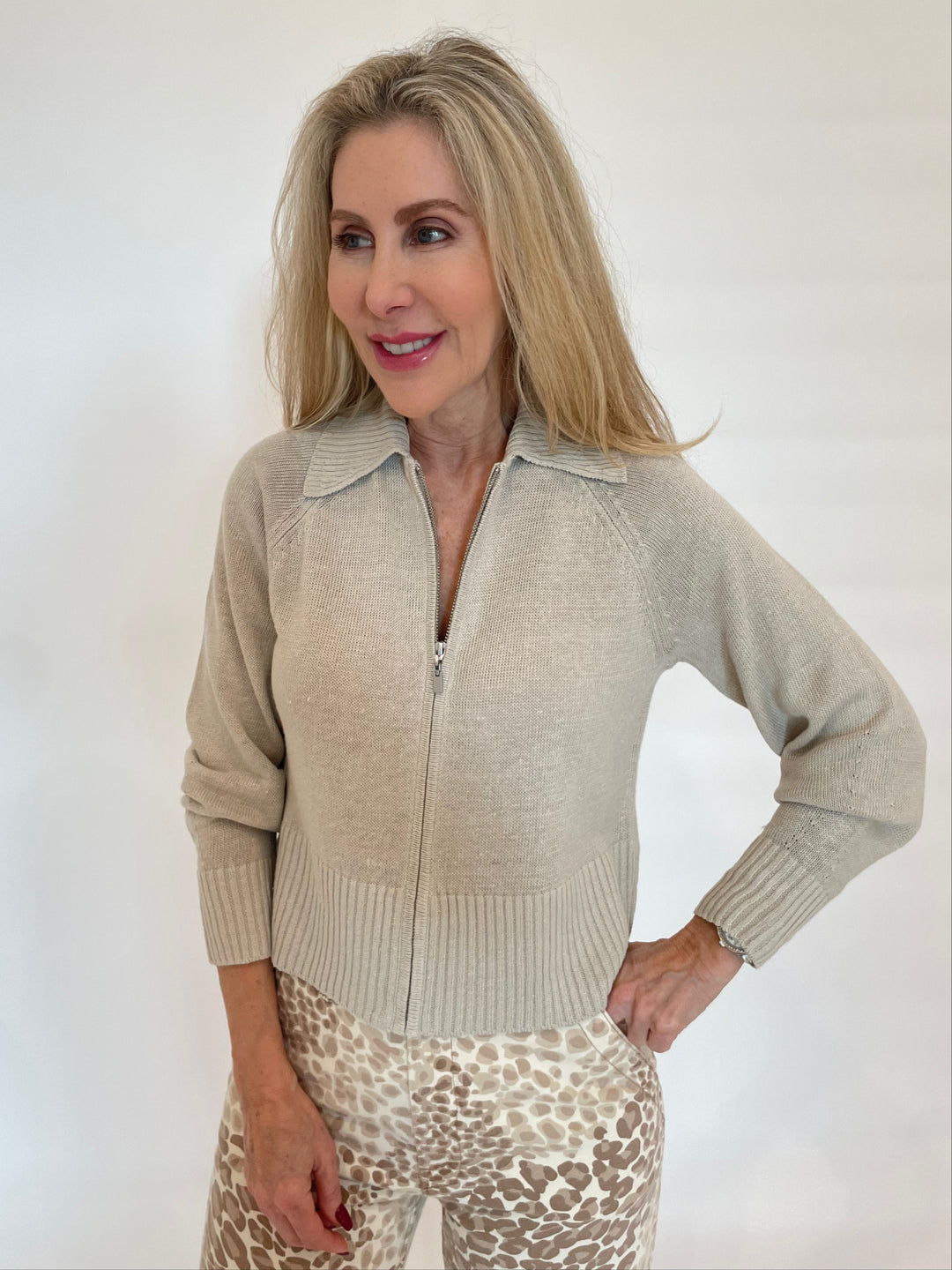 Kinross Crop Zip Cardigan in Sandstone available at Barbara Katz