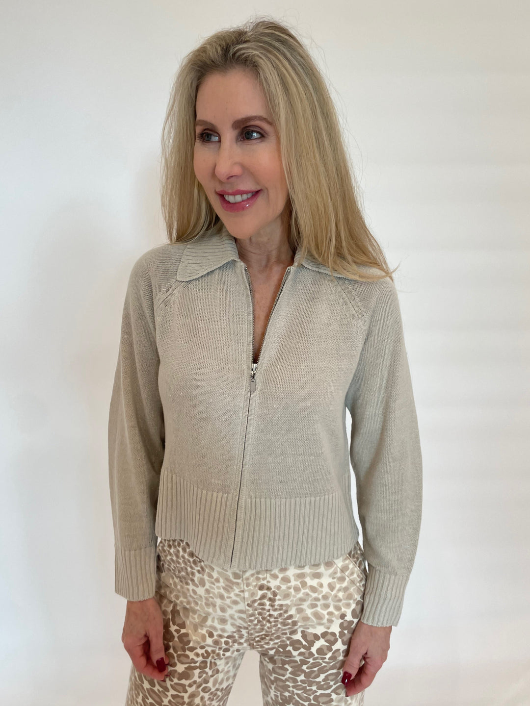 Kinross Elan Crop Zip Cardigan in Sandstone available at Barbara Katz