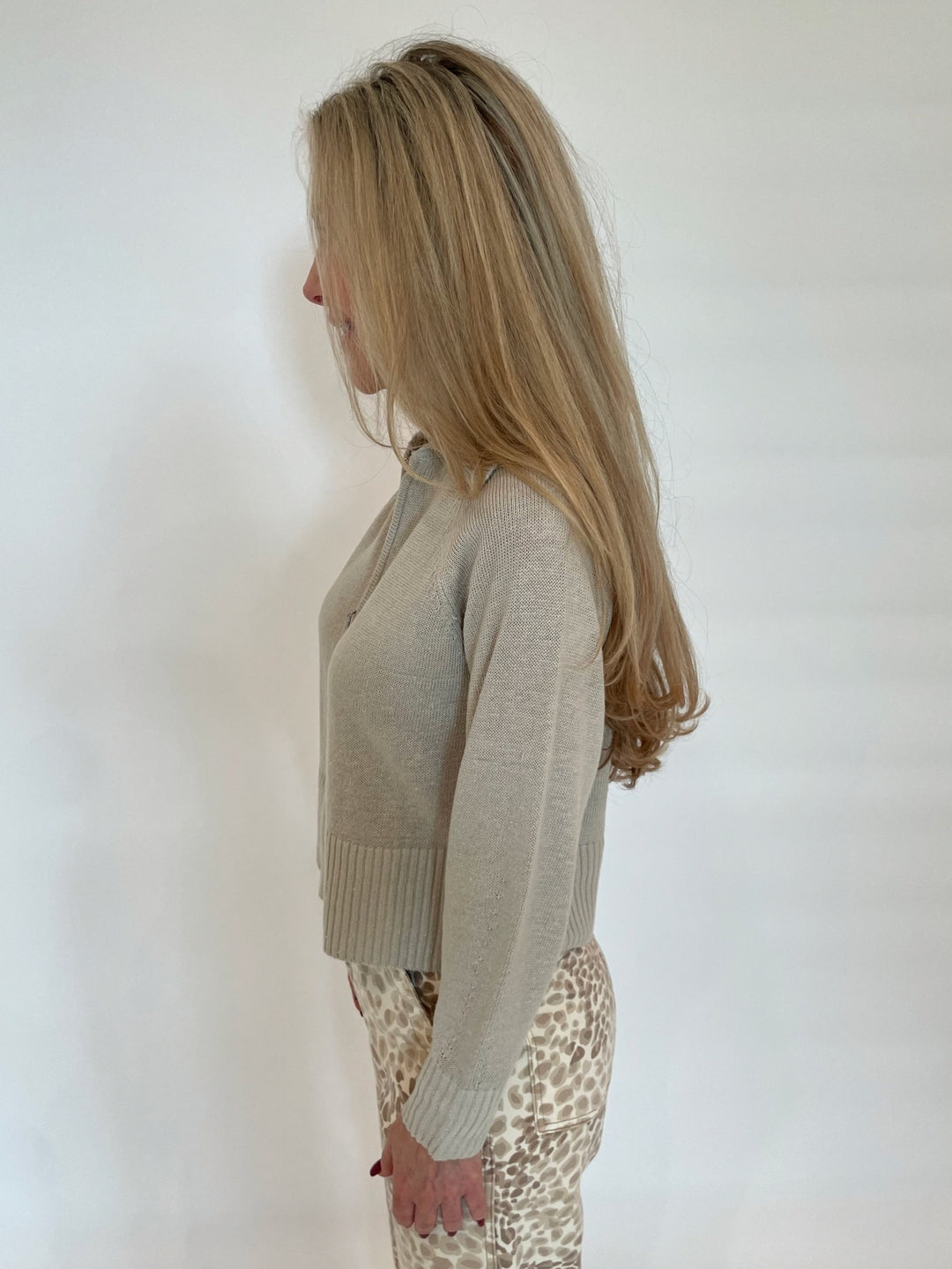 Kinross Elan Crop Zip Long Sleeve Cardigan in Sandstone available at Barbara Katz