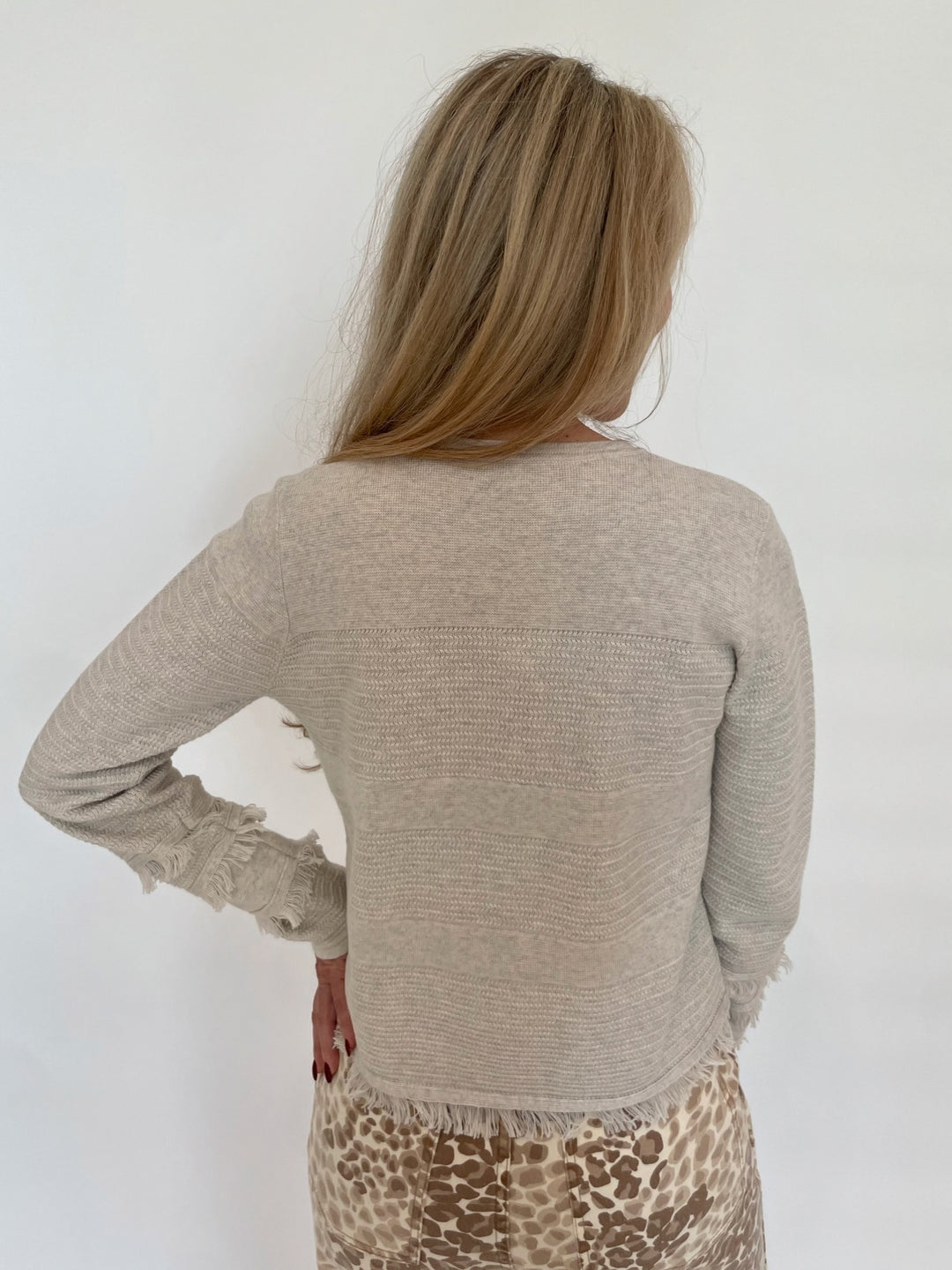 Kinross Fringe Zip Cardigan in Champagne available at Barbara Katz