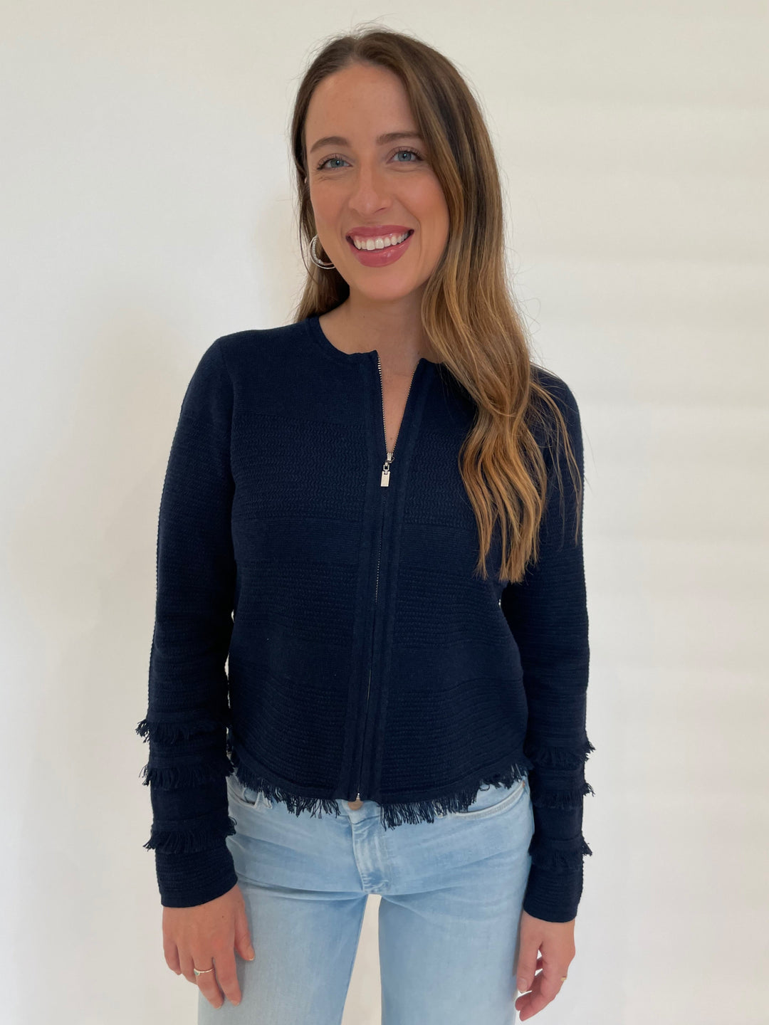 Kinross Fringe Zip Cardigan in Navy available at Barbara Katz