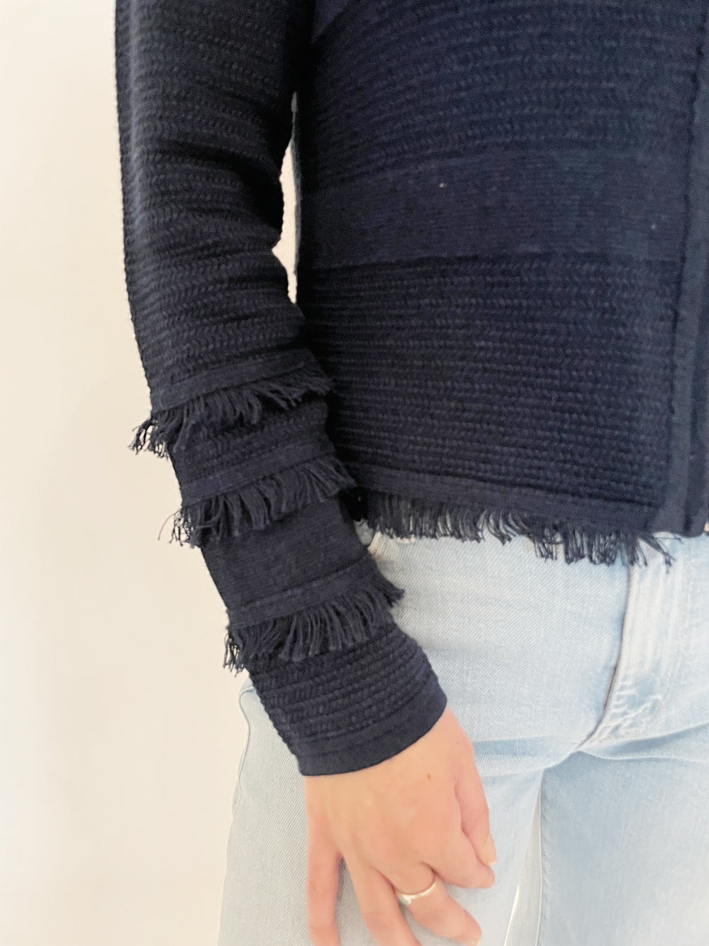 Kinross Fringe Zip Front Cardigan in Navy available at Barbara Katz