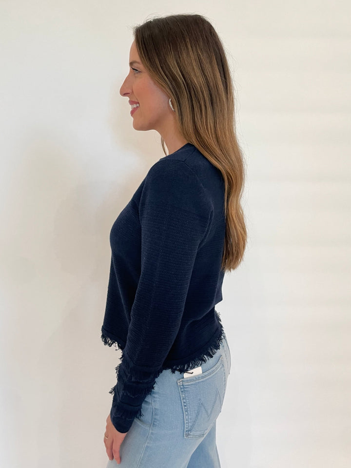 Kinross Fringe Zip Front Long Sleeve Cardigan in Navy available at Barbara Katz