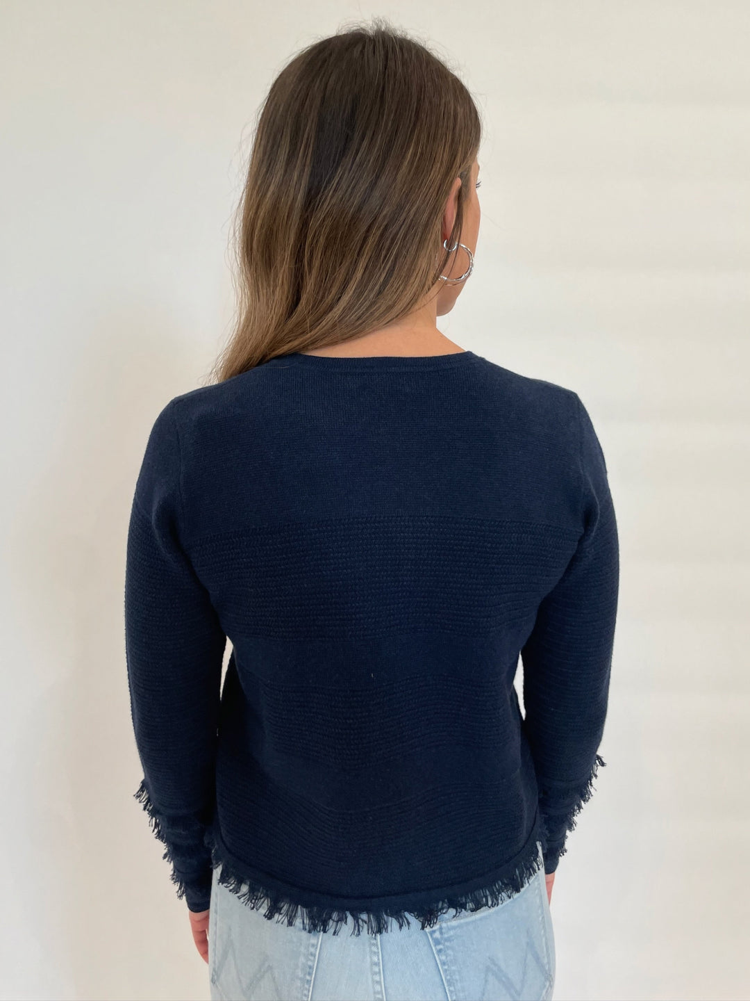 Kinross Fringe Zip Cardigan in Navy available at Barbara Katz