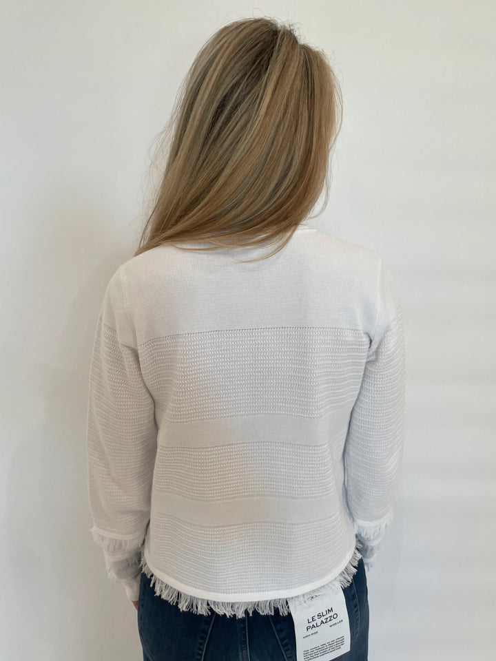 Kinross Fringe Zip Cardigan in White available at Barbara Katz