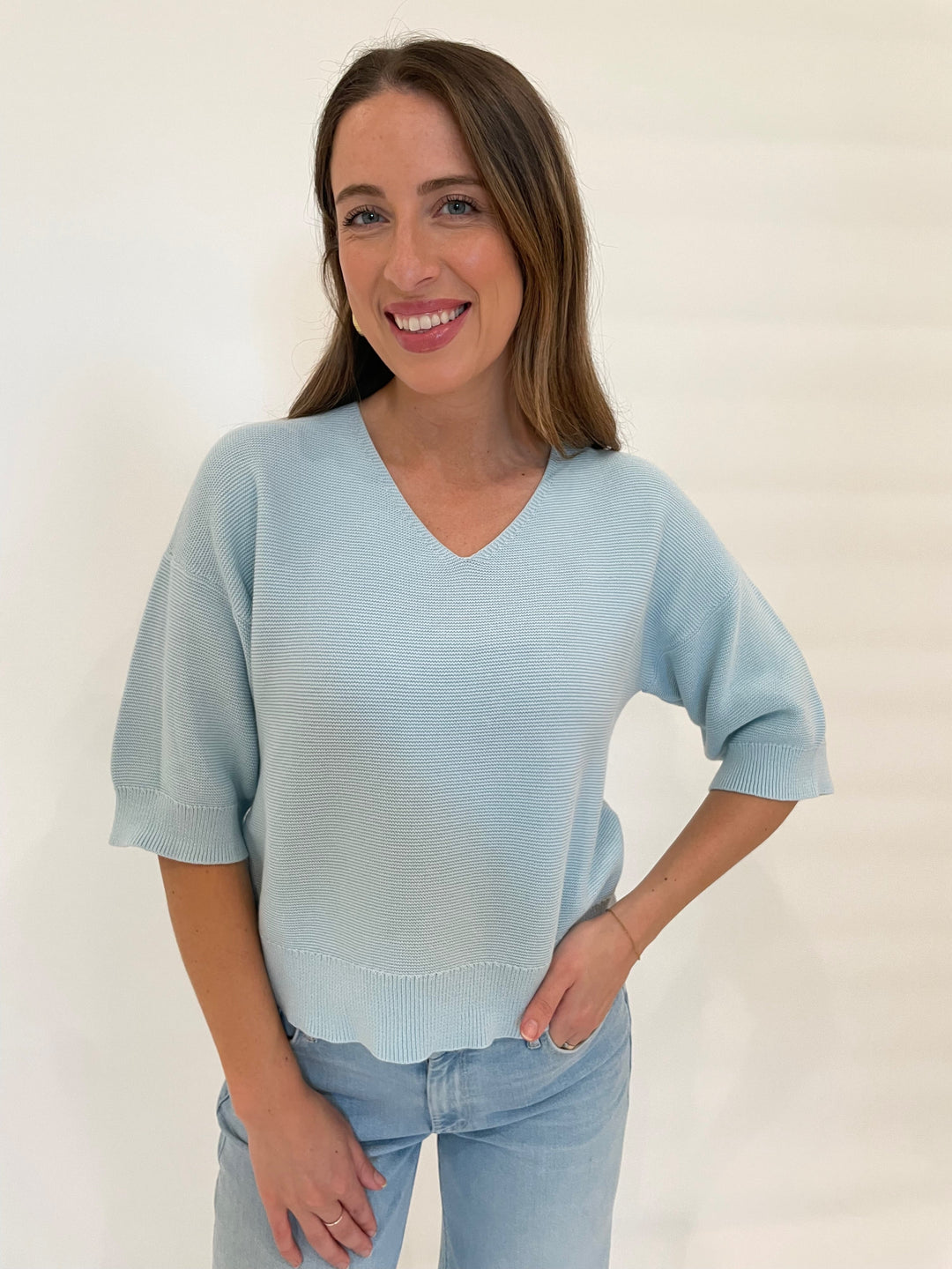 Kinross Gaby Garter Easy Vee Sweater in Opal available at Barbara Katz