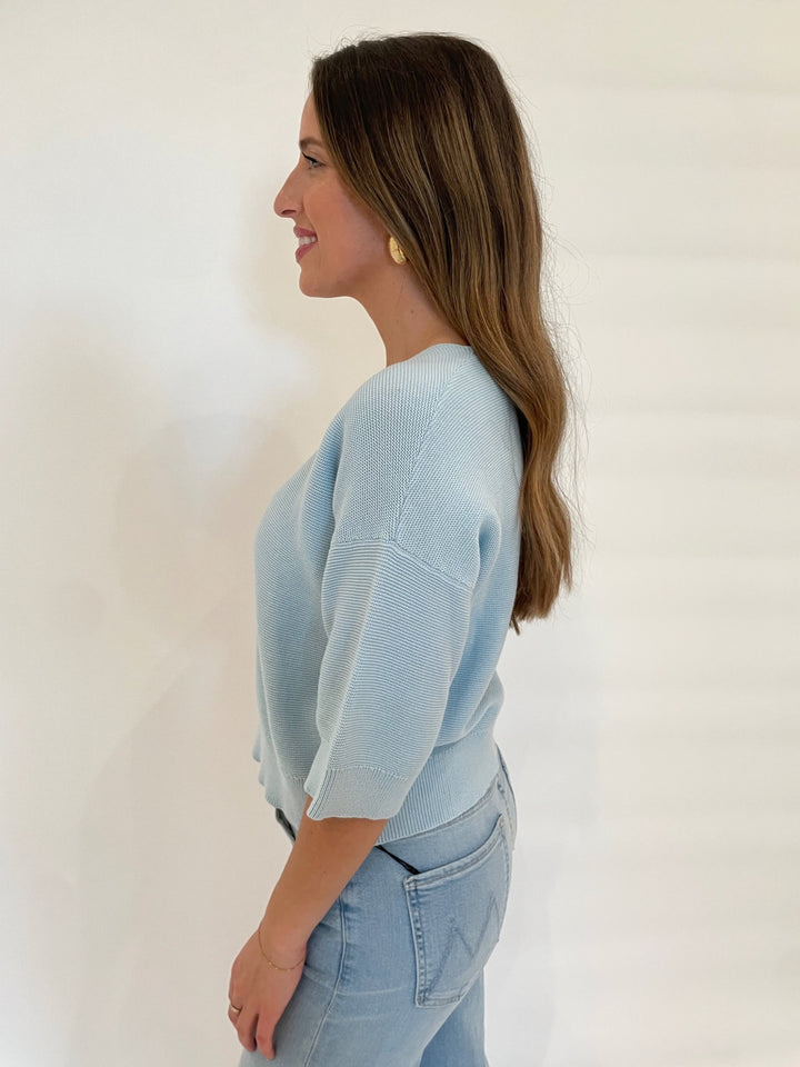 Kinross Gaby Garter Easy Vee Short Sleeve Sweater in Opal available at Barbara Katz