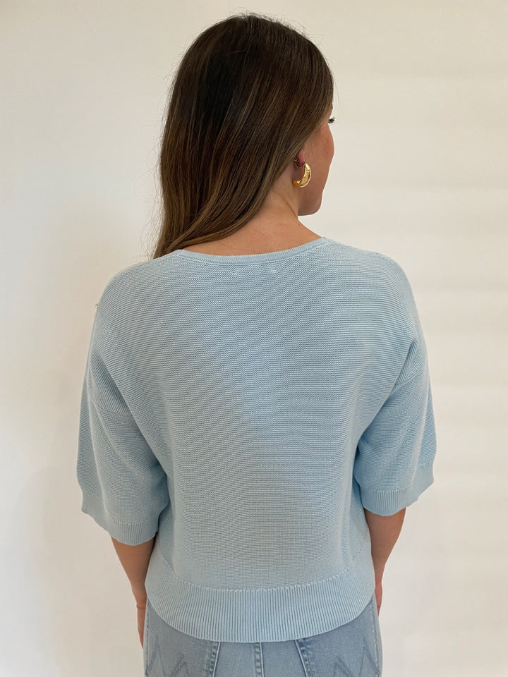 Kinross Gaby Garter Easy Vee Sweater in Opal available at Barbara Katz