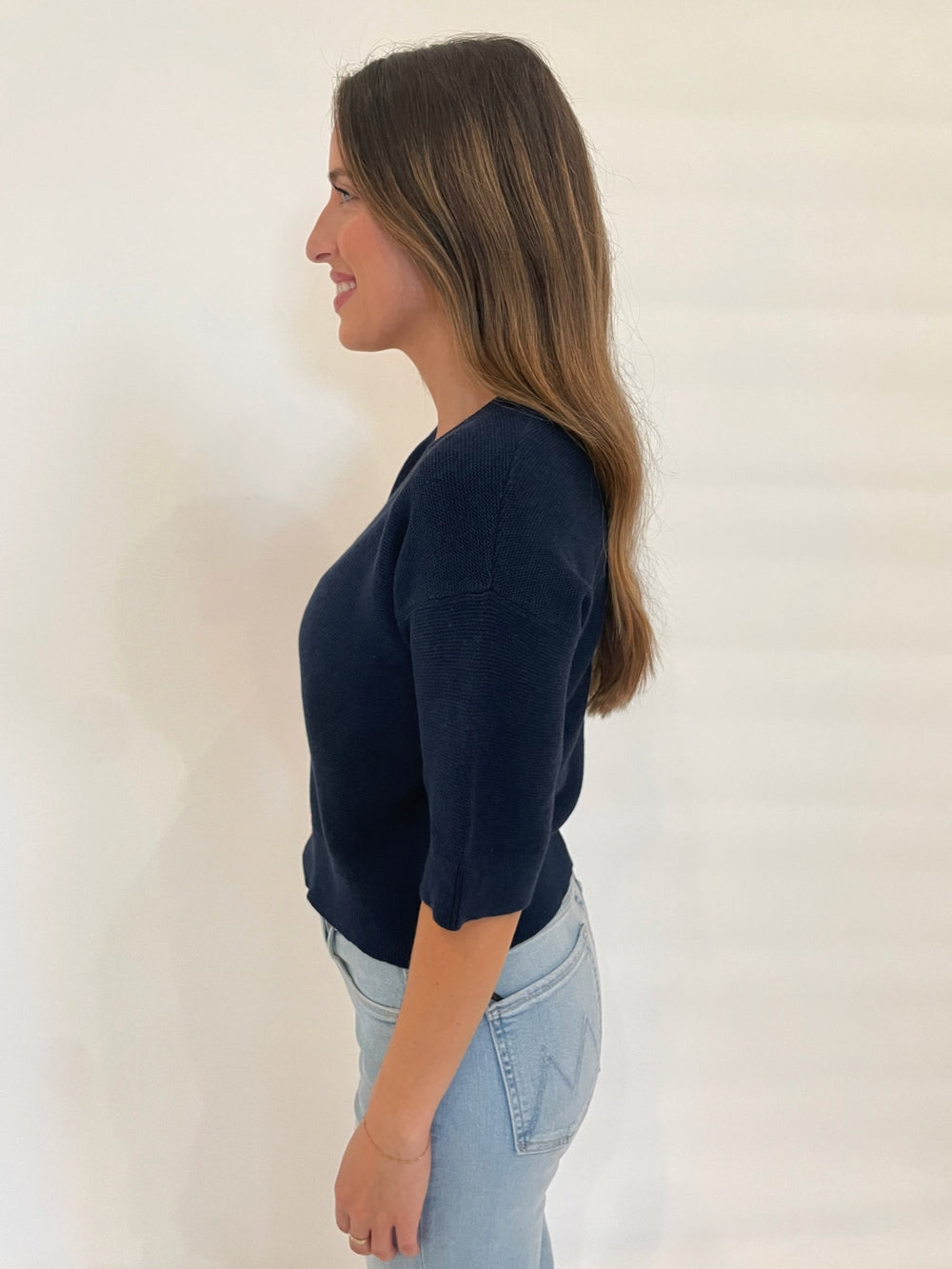 Kinross Gaby Garter Easy Vee Short Sleeve Sweater in Navy available at Barbara Katz