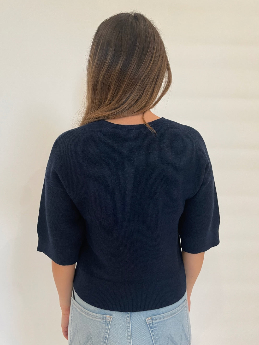 Kinross Gaby Garter Easy Vee Sweater in Navy available at Barbara Katz