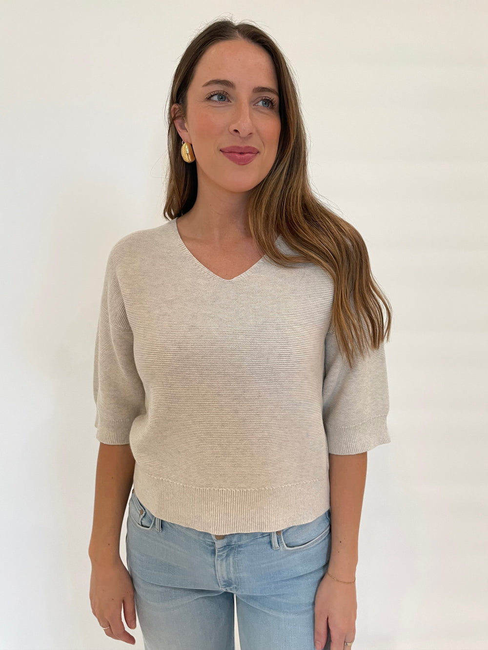 Kinross Garter Easy Vee Sweater in Champgane available at Barbara Katz