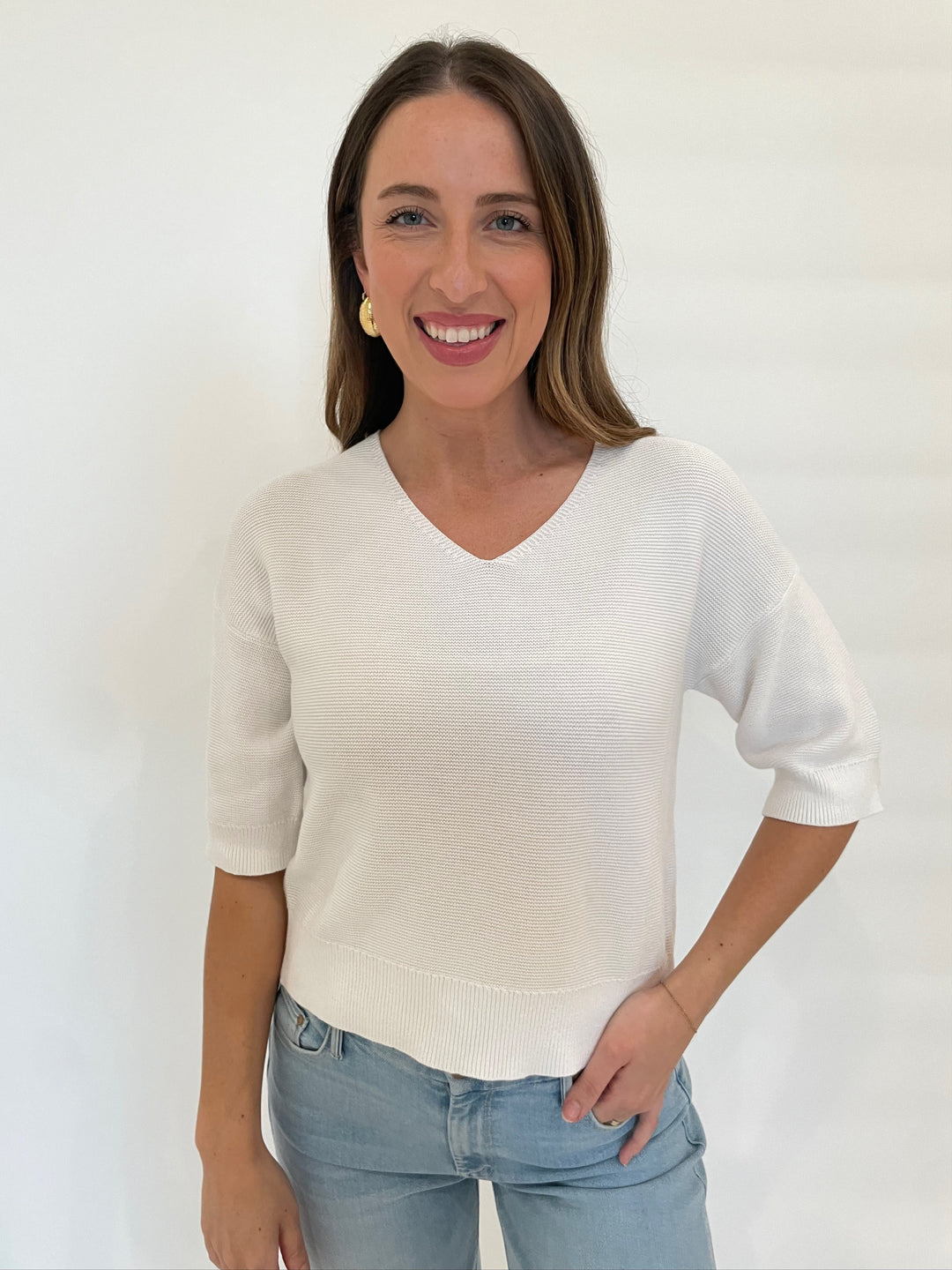 Kinross Gaby Garter Easy Vee Sweater in White available at Barbara Katz