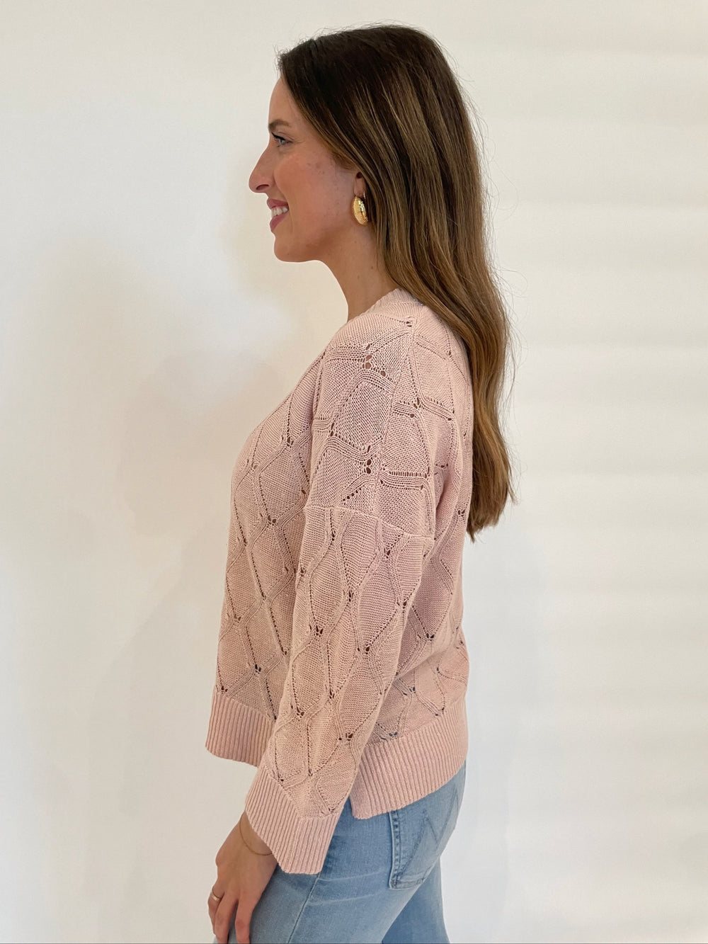 Kinross Michelle Openwork Easy Vee Long Sleeve Sweater in Petal available at Barbara Katz