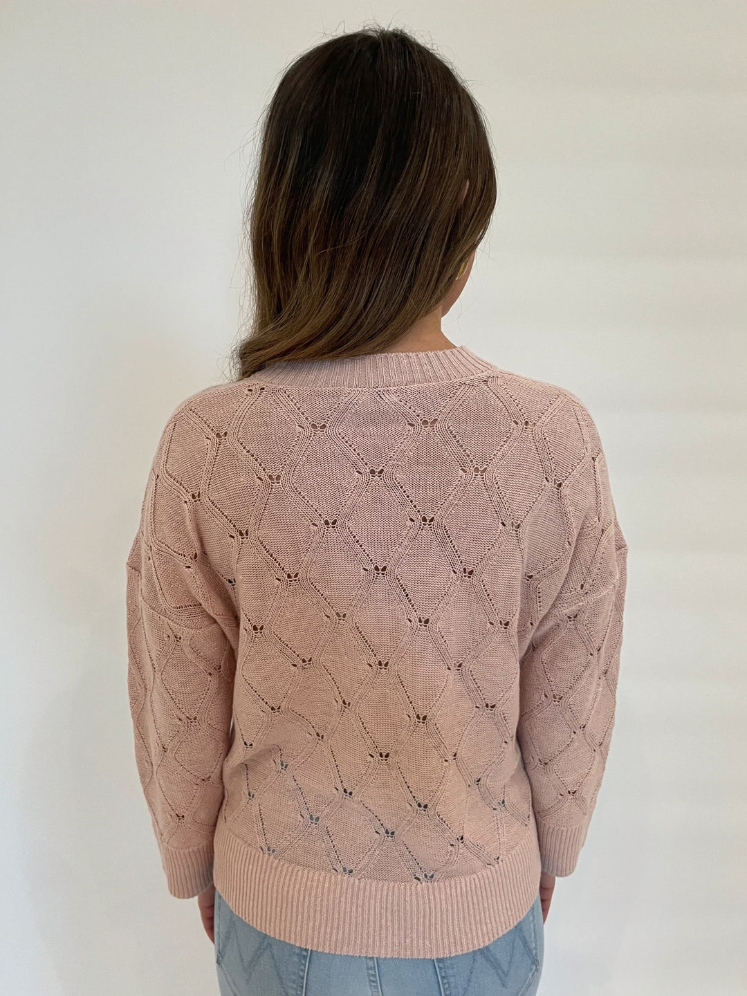 Kinross Michelle Openwork Easy Vee Sweater in Petal available at Barbara Katz