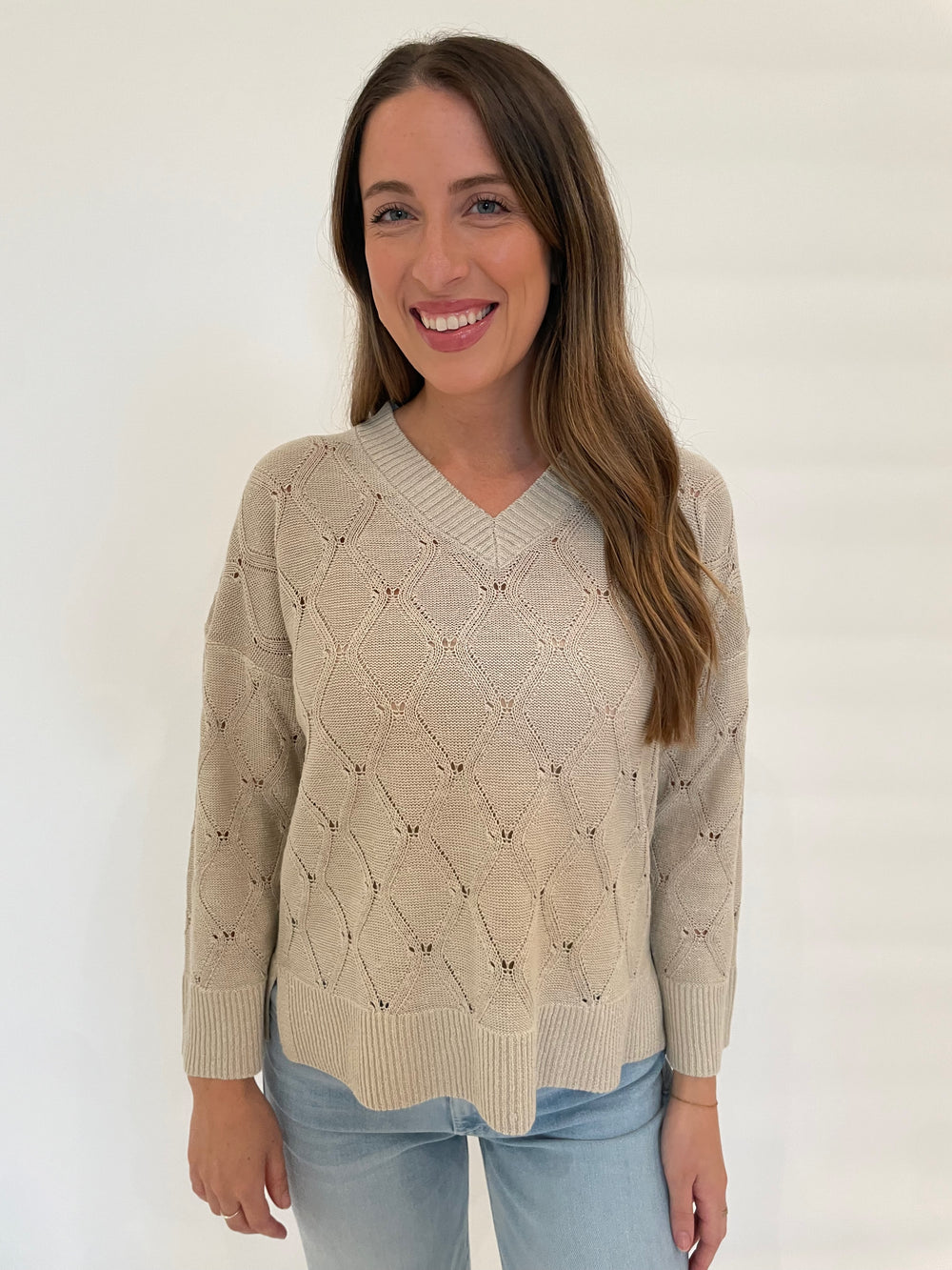 Kinross Michelle Openwork Easy Vee Sweater in Sandstone available at Barbara Katz