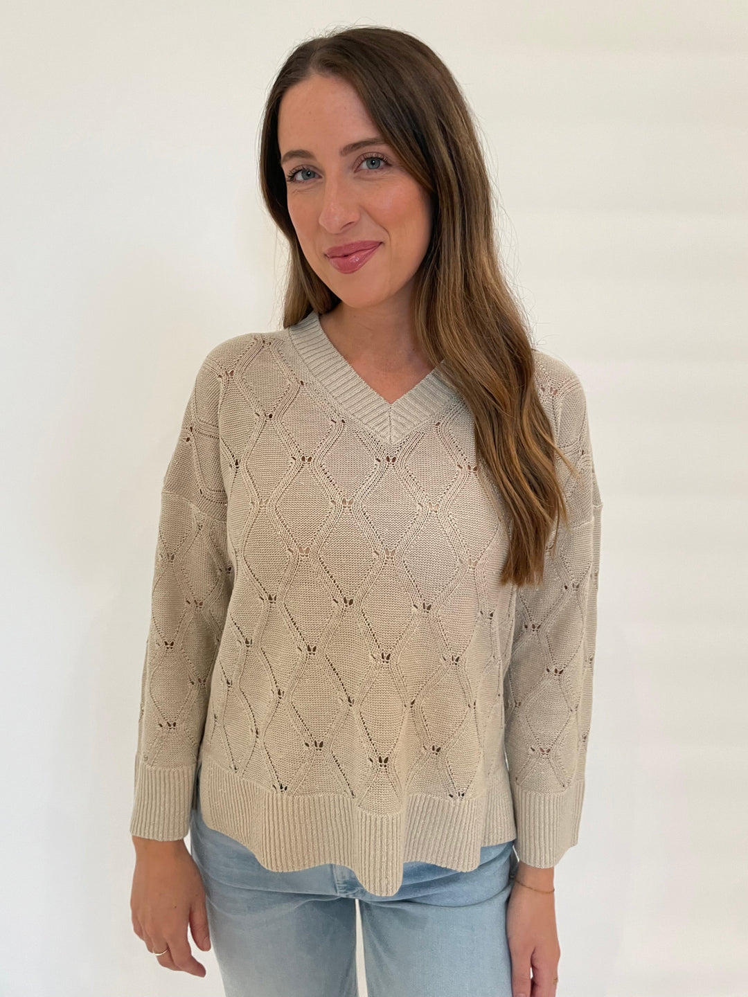 Kinross Michelle Openwork Easy Vee Sweater in Sandstone available at Barbara Katz