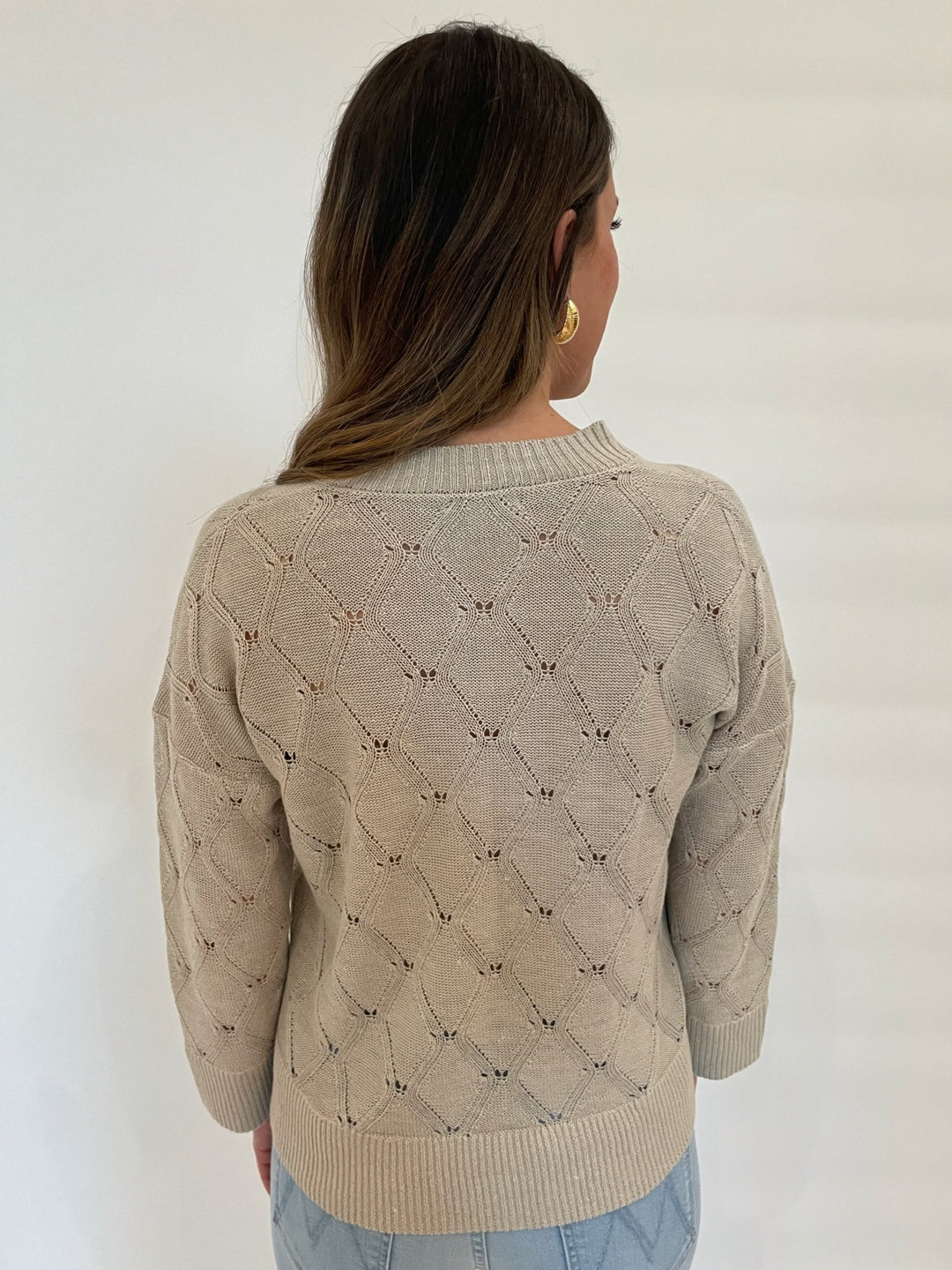 Kinross Michelle Openwork Easy Vee Sweater in Sandstone available at Barbara Katz