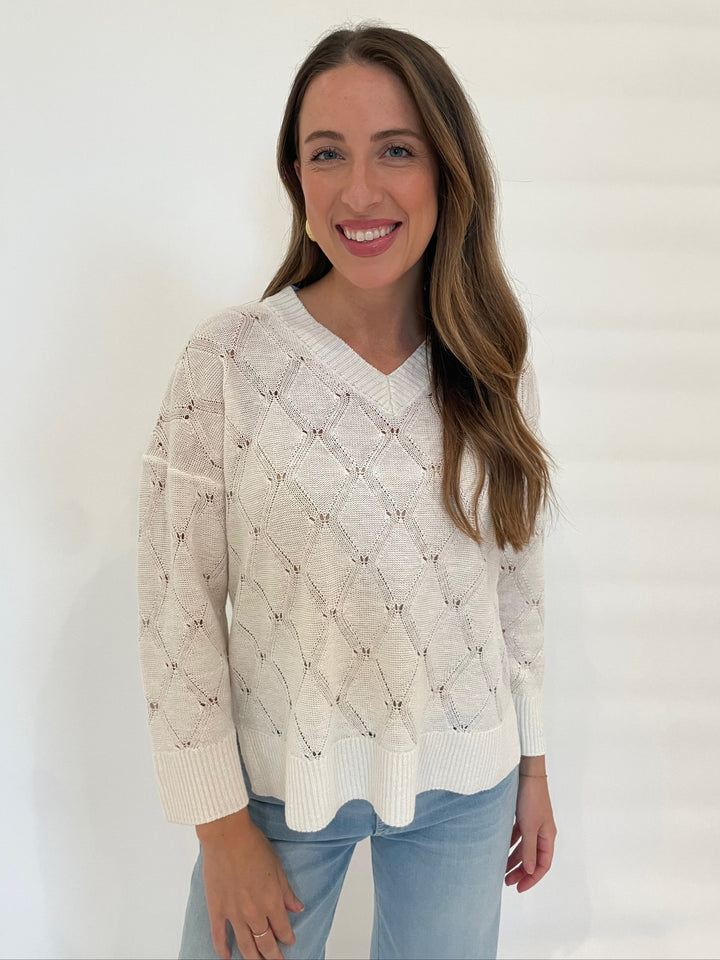 Kinross Michelle Openwork Easy Vee Sweater in White available at Barbara Katz