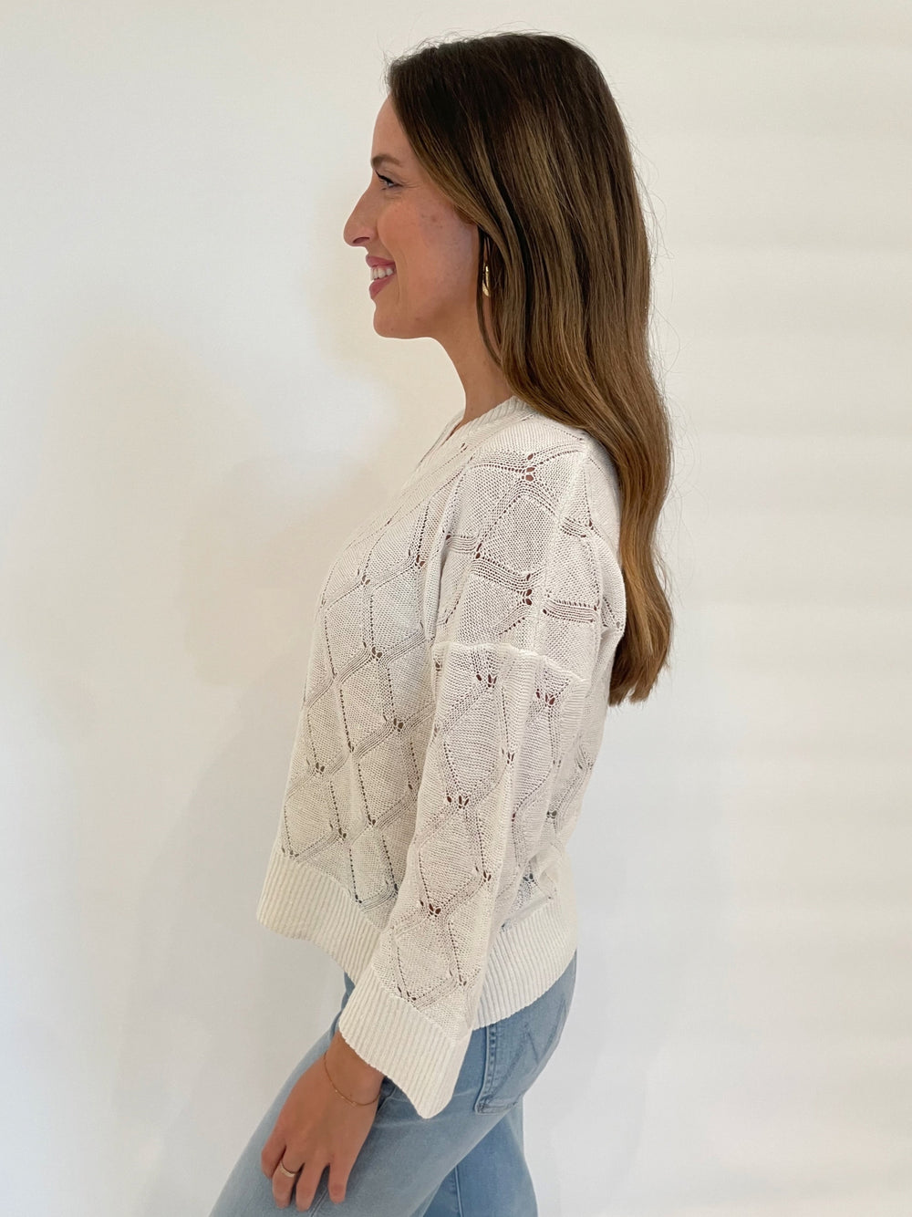 Kinross Michelle Openwork Easy Vee Long Sleeve Sweater in White available at Barbara Katz