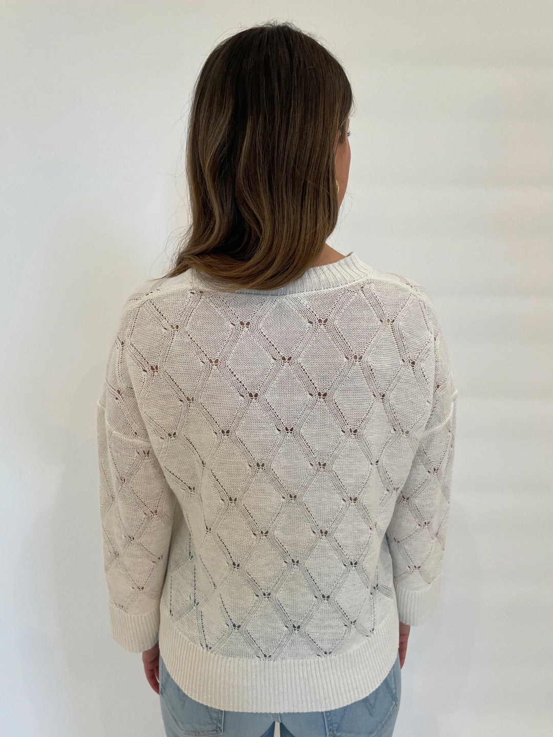 Kinross Michelle Openwork Easy Vee Sweater in White available at Barbara Katz