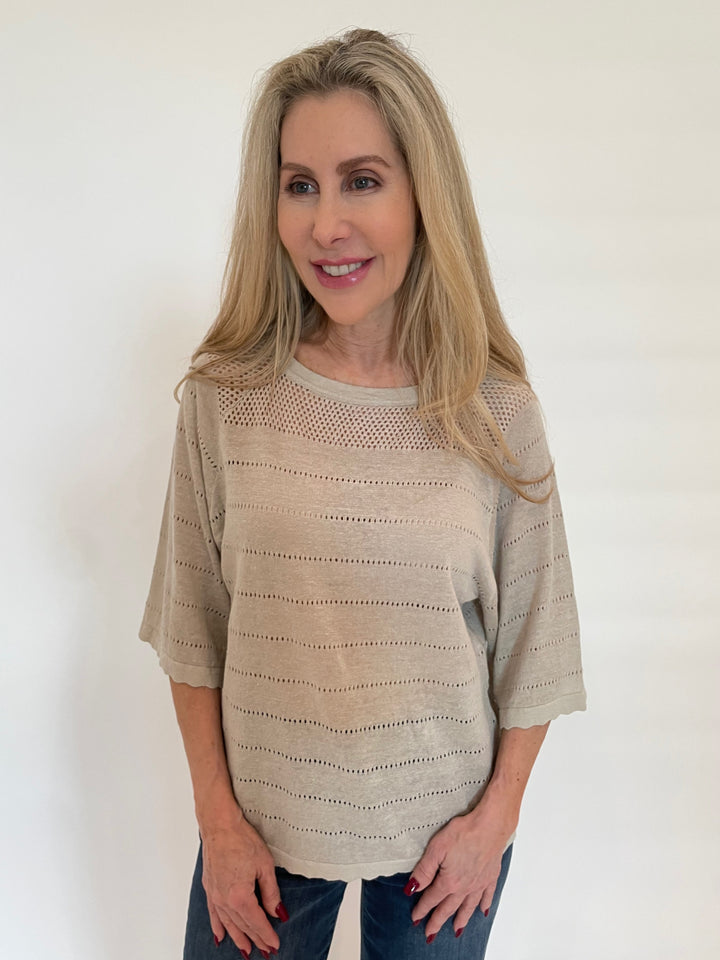 Kinross Hanna Openwork Raglan Crew Sweater in Sandstone available at Barbara Katz