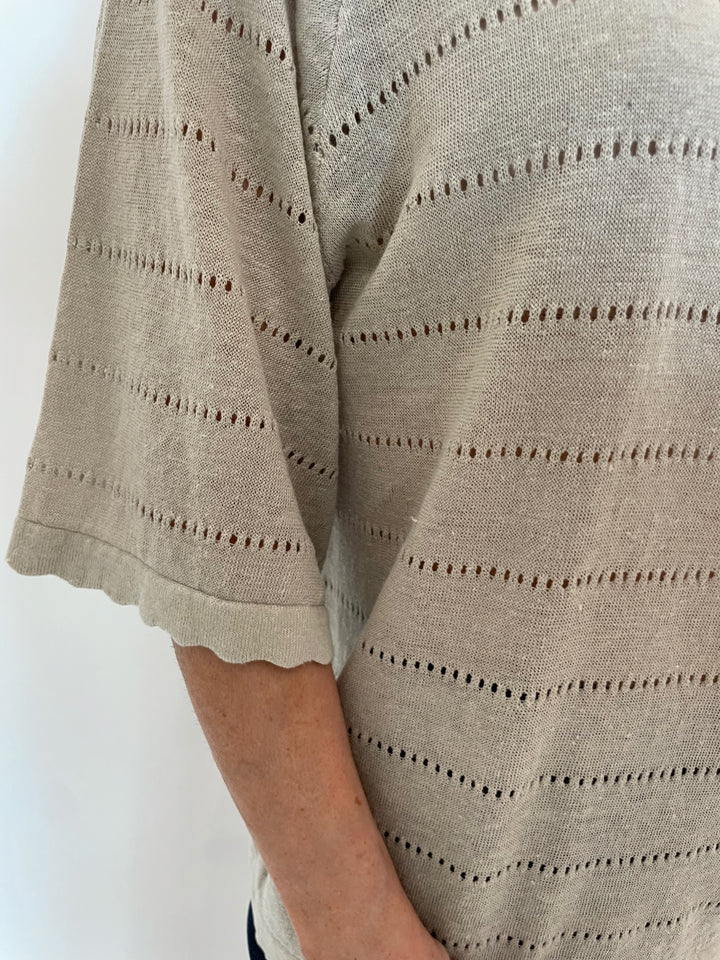 Kinross Hanna Openwork Raglan Crew Sweater in Sandstone available at Barbara Katz