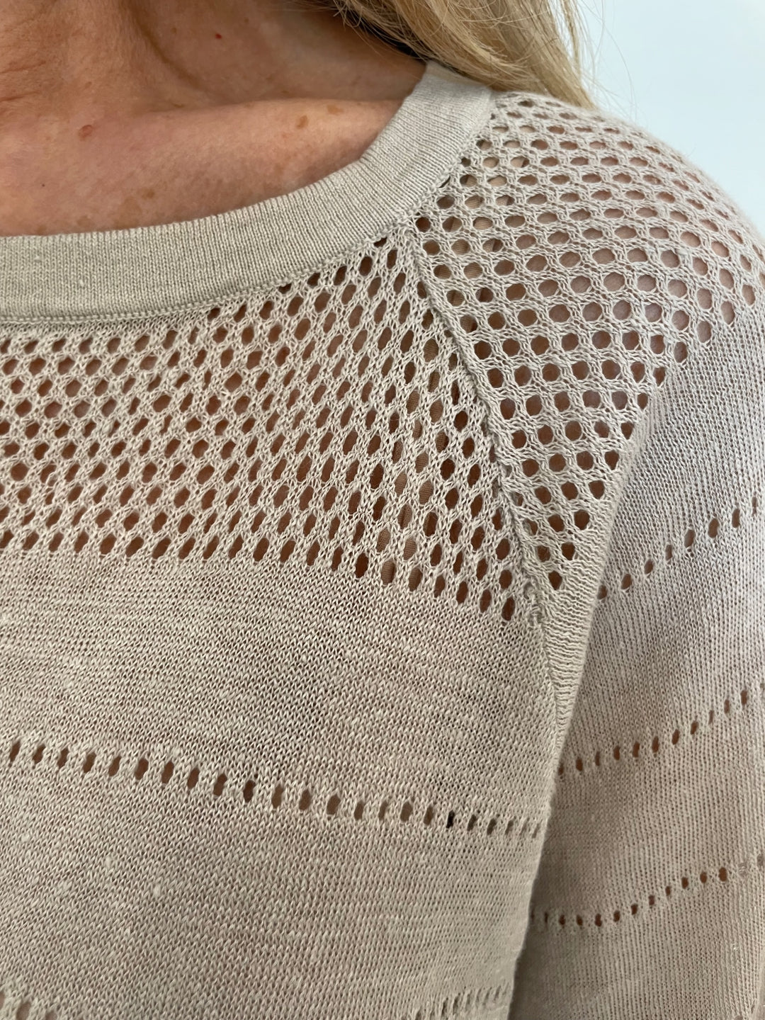 Kinross Hanna Openwork Raglan Crew Sweater in Sandstone available at Barbara Katz