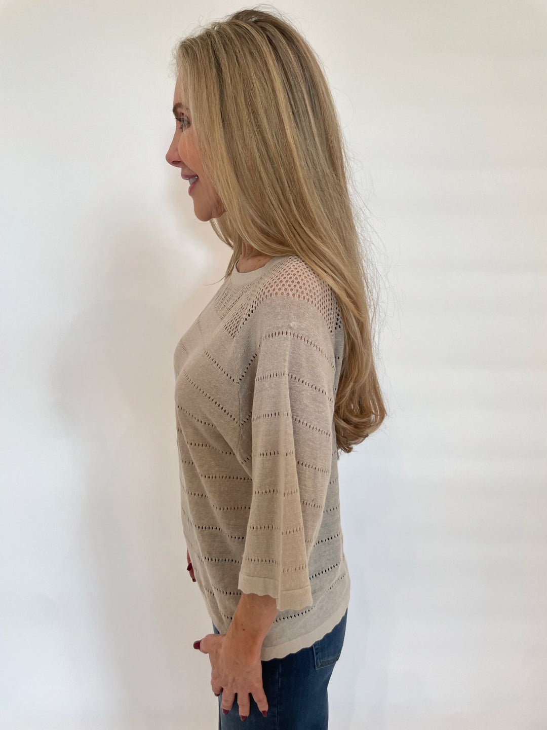 Kinross Hanna Openwork Raglan Short Sleeve Sweater in Sandstone available at Barbara Katz