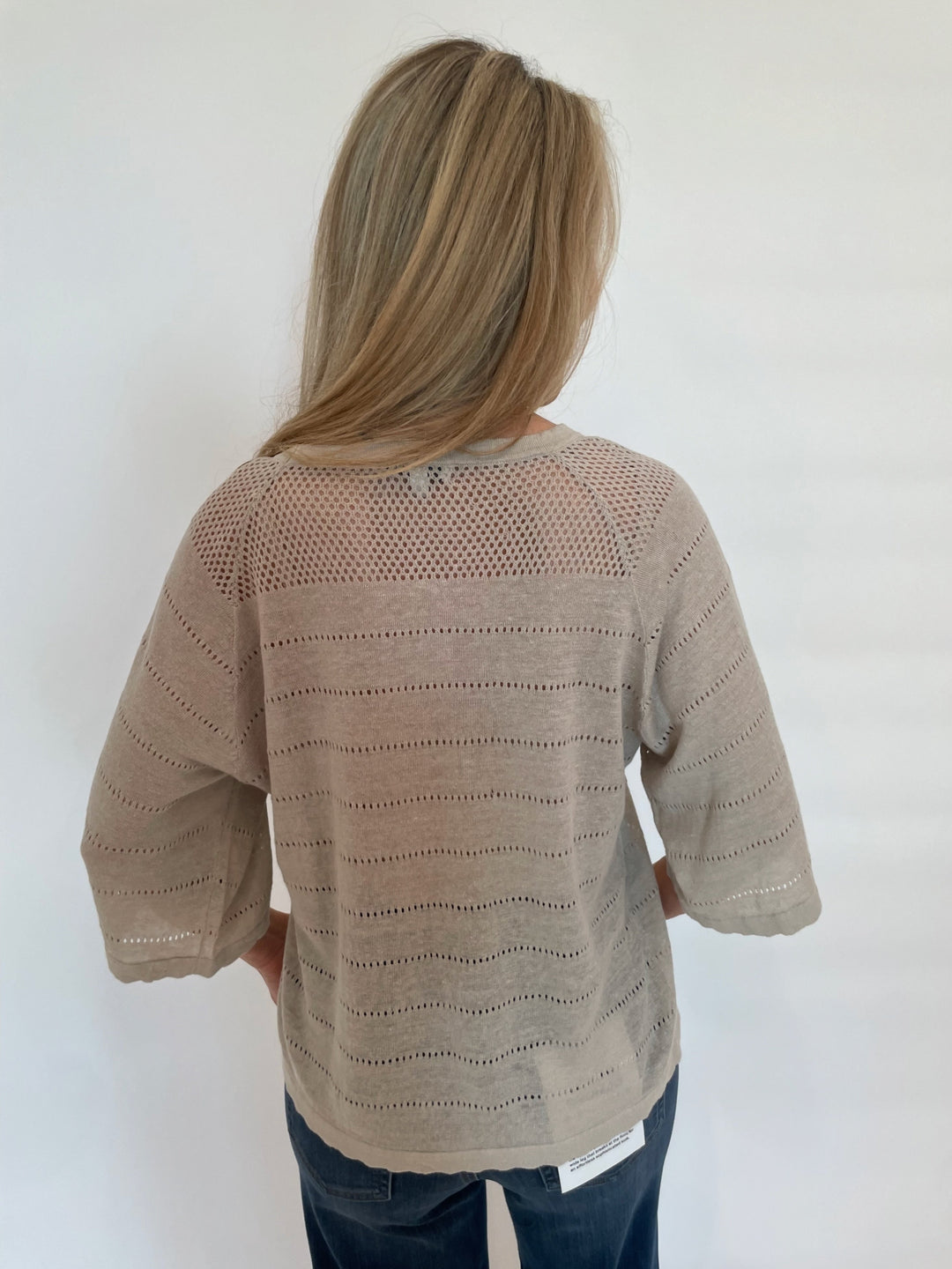 Kinross Hanna Openwork Raglan Crew Sweater in Sandstone available at Barbara Katz