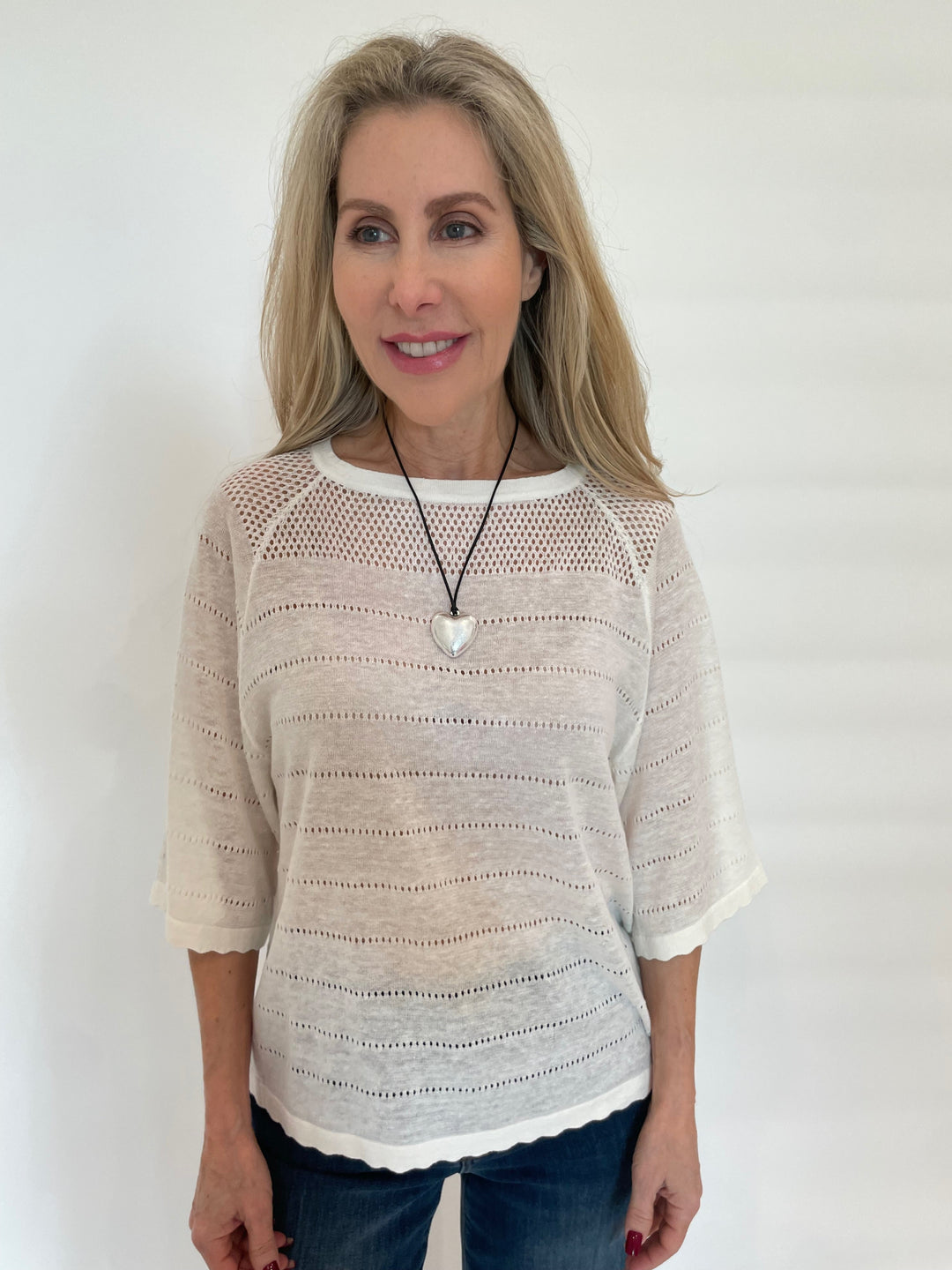 Kinross Hanna Openwork Raglan Crew Sweater in White available at Barbara Katz