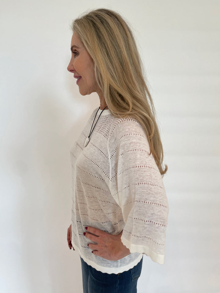 Kinross Hanna Openwork Raglan Short Sleeve Sweater in White available at Barbara Katz