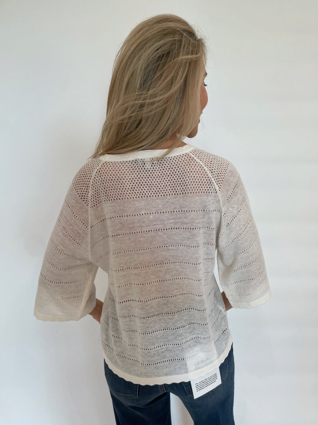 Kinross Hanna Openwork Raglan Crew Sweater in White available at Barbara Katz