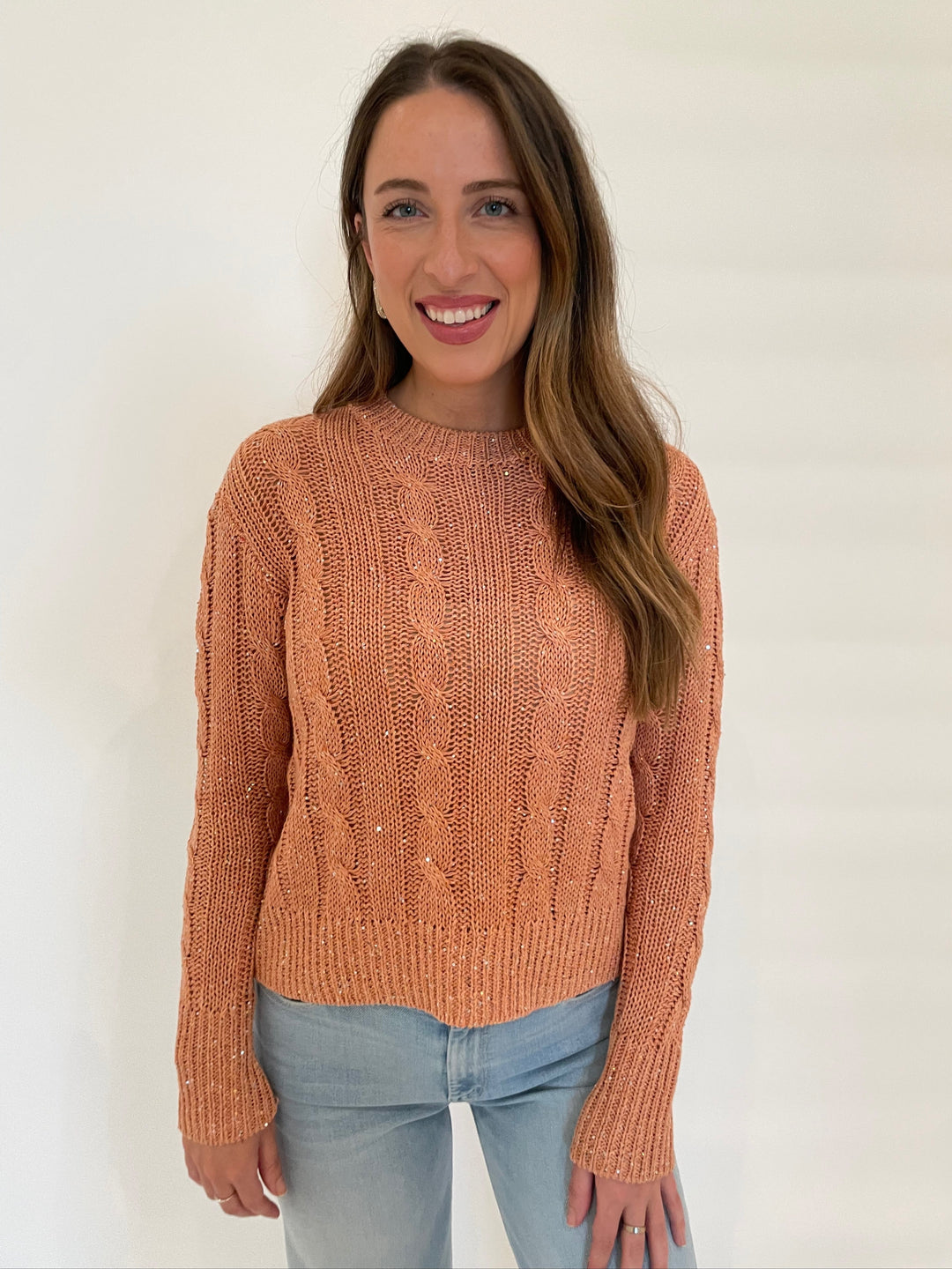 Kinross Monica Sequin Cable Crew Sweater in Sunset available at Barbara Katz