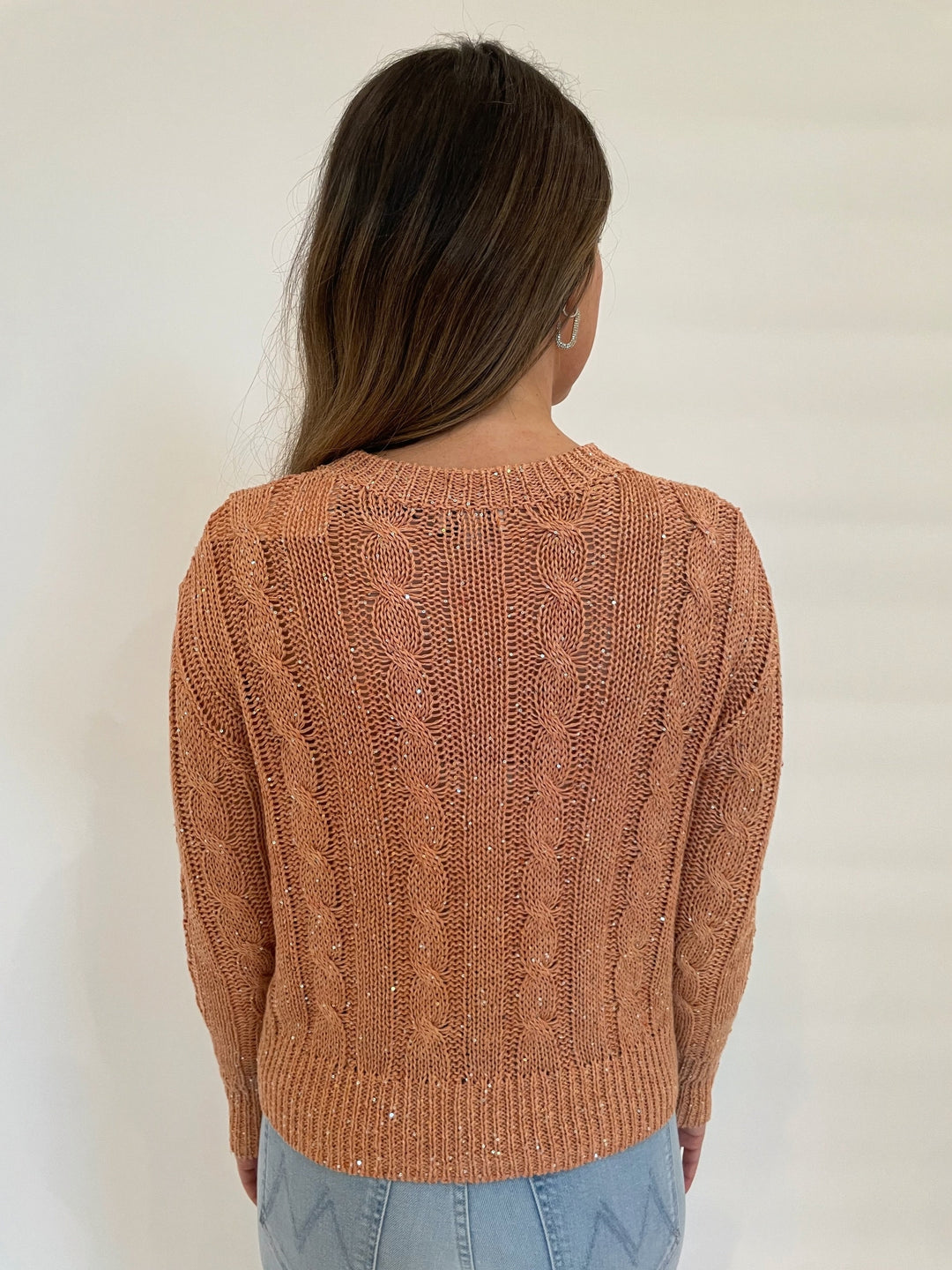 Kinross Monica Sequin Cable Crew Sweater in Ivory available at Barbara Katz