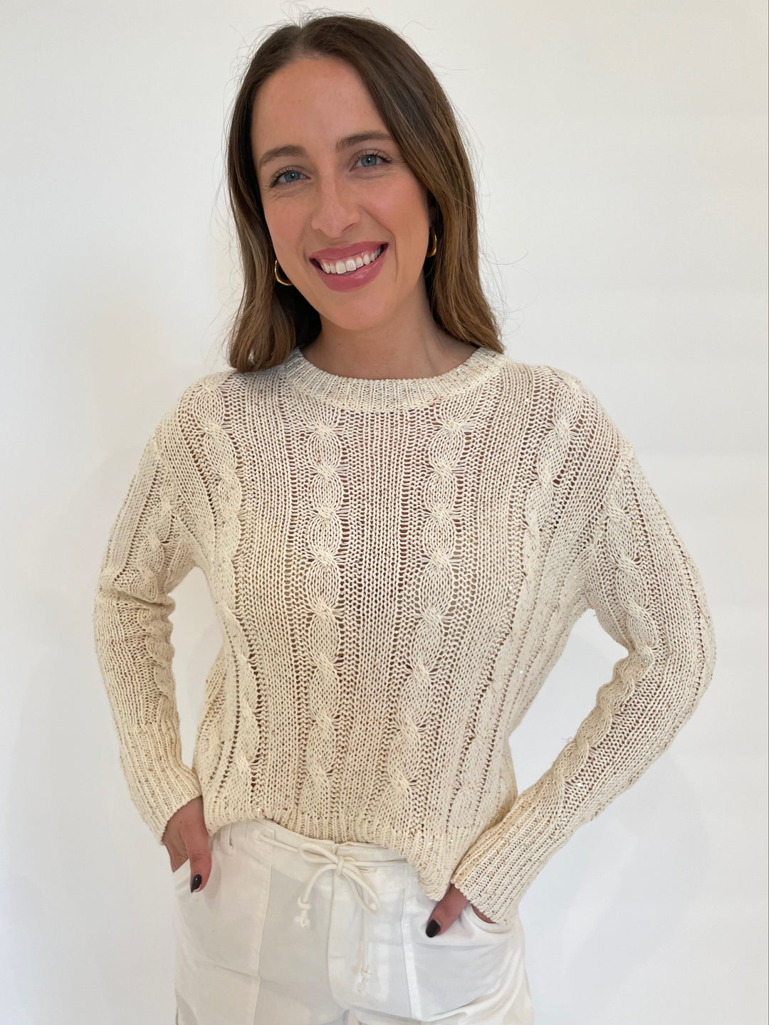 Kinross Monica Sequin Cable Crew Sweater in Ivory available at Barbara Katz