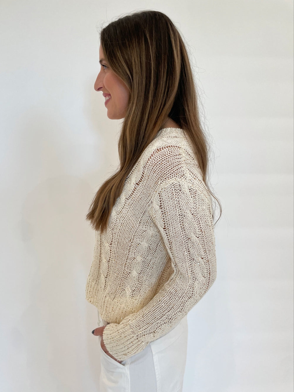 Kinross Monica Sequin Cable Knit Long Sleeve Sweater in Ivory available at Barbara Katz