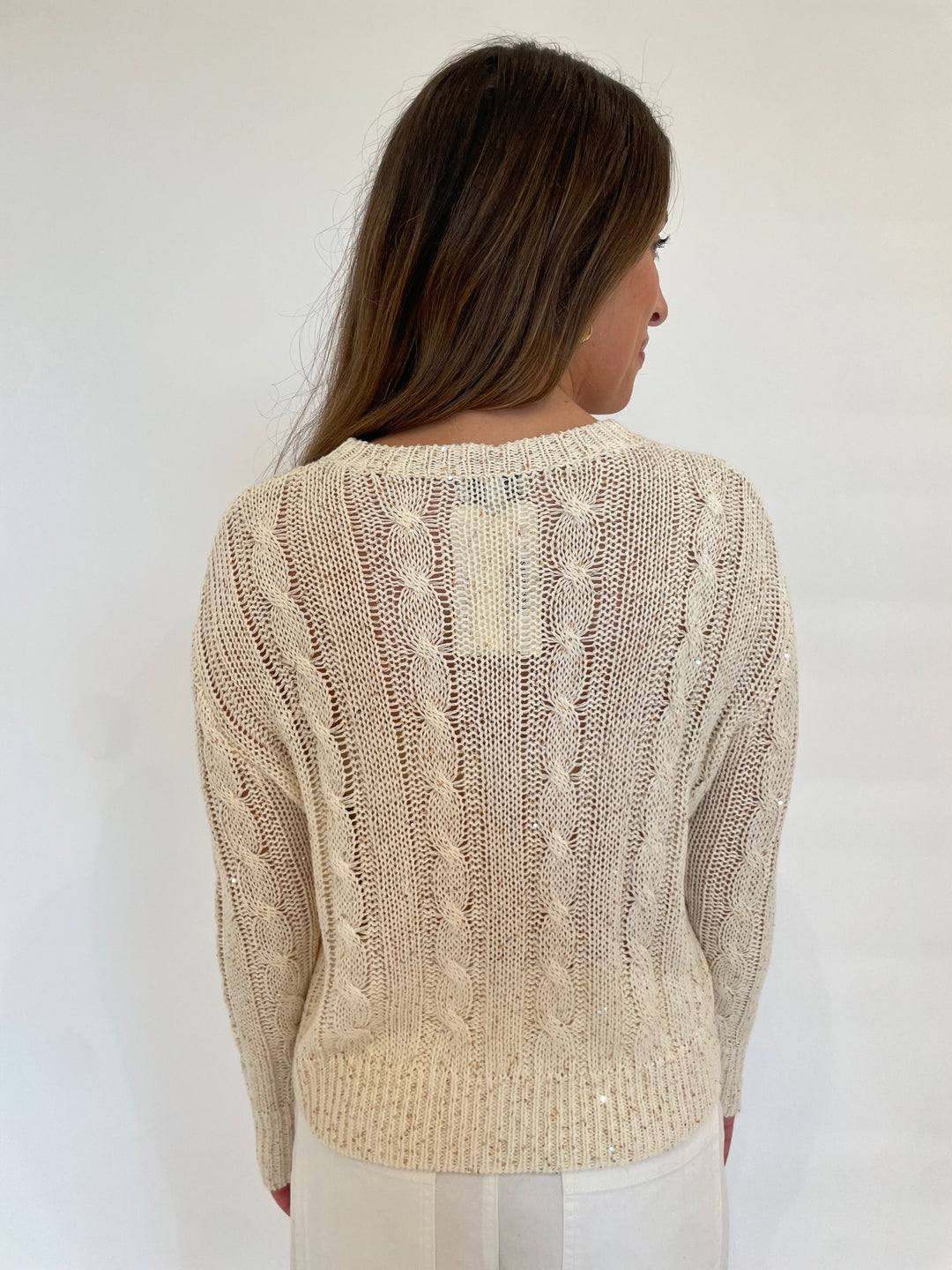 Kinross Monica Sequin Cable Crew Sweater in Ivory available at Barbara Katz