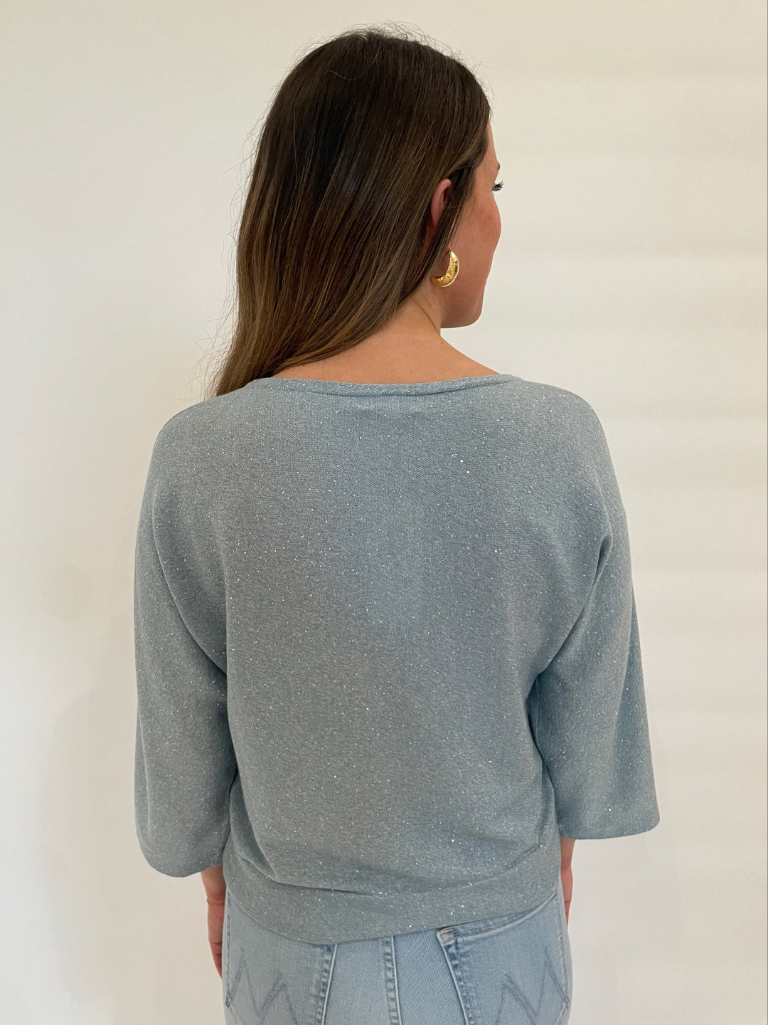 Kinross Nohemi Sequin Easy Crop Pullover Sweater in Water available at Barbara Katz