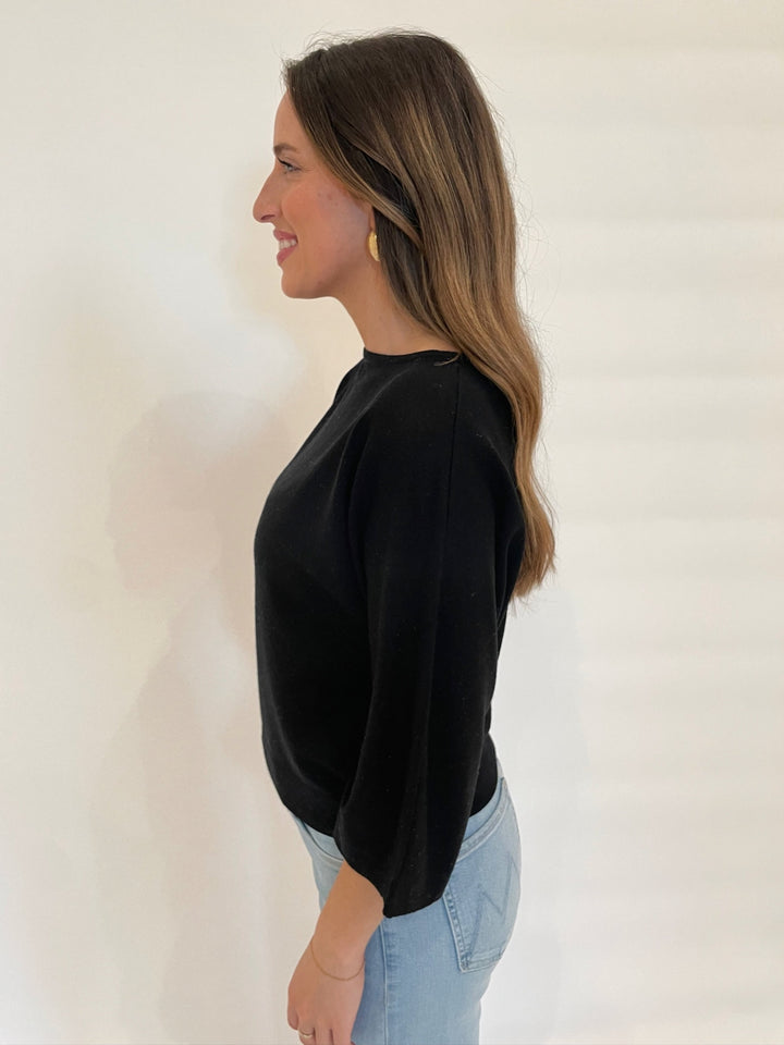 Kinross Nohemi Sequin Easy Crop Pullover 3/4 Sleeve Sweater in Black available at Barbara Katz