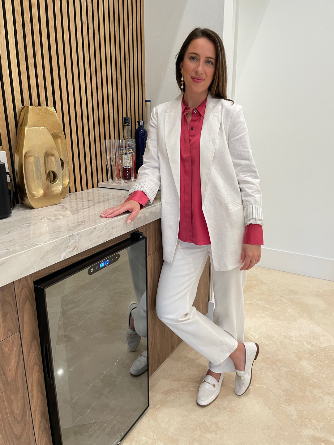 Rails Jacey Shirt in Valentine layered with BK Karla Boyfriend Linen Blazer in White, paired with Citizens of Humanity Palma Straight Jeans in Soft White, Lizzie Fortunato Gold Mine Earrings available at Barbara Katz